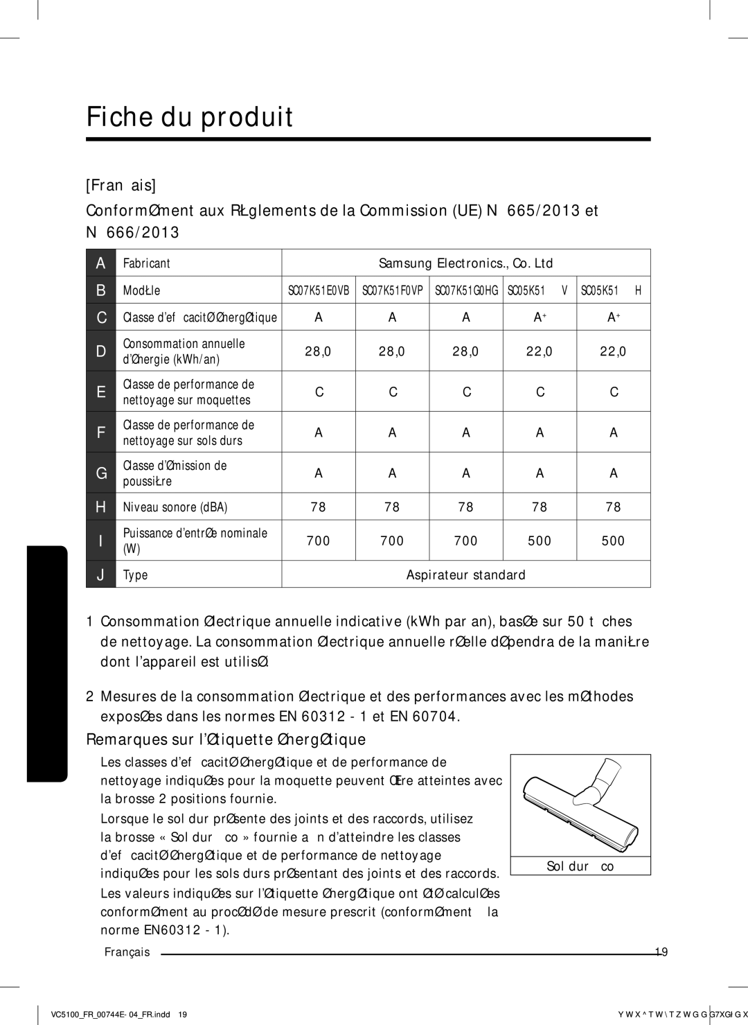 Samsung VC07K51G0HG/EF, VC07K51F0VP/EF manual Fiche du produit, Remarques sur létiquette énergétique 