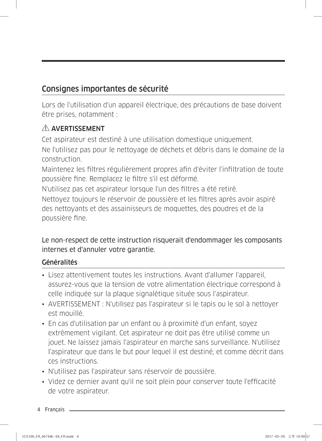 Samsung VC07K51F0VP/EF, VC07K51G0HG/EF manual Consignes importantes de sécurité 