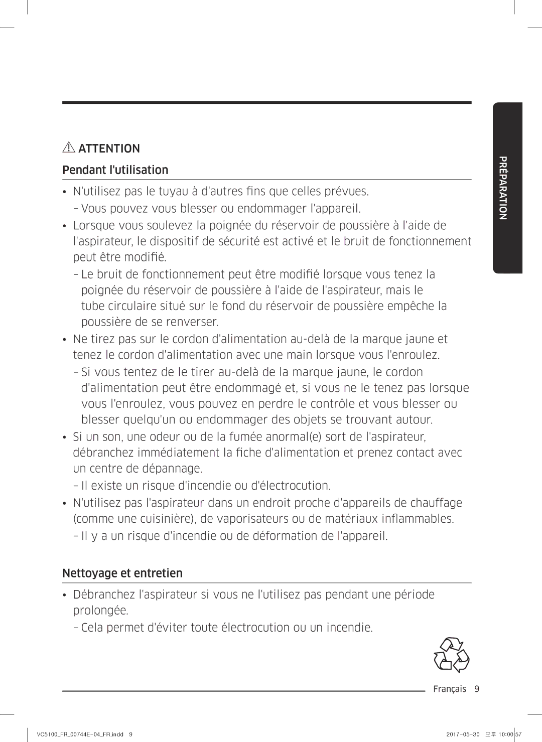 Samsung VC07K51G0HG/EF, VC07K51F0VP/EF manual Préparation 