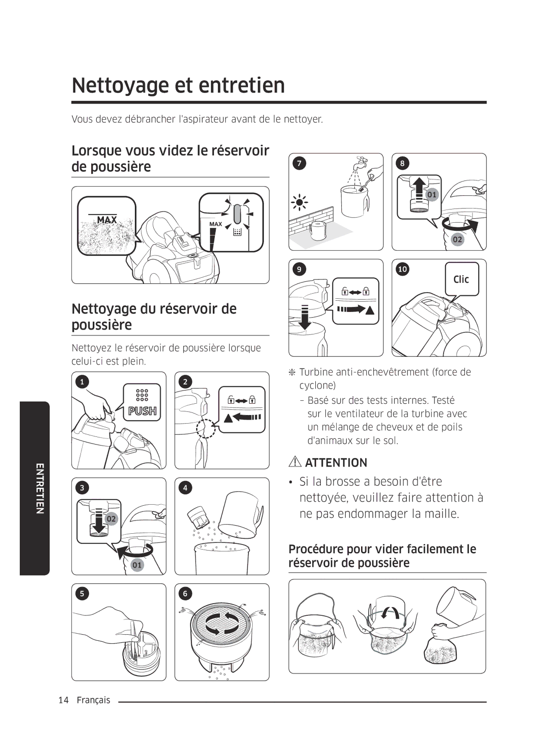 Samsung VC07K51F0VP/EF, VC07K51G0HG/EF manual Nettoyage et entretien, Lorsque vous videz le réservoir de poussière 