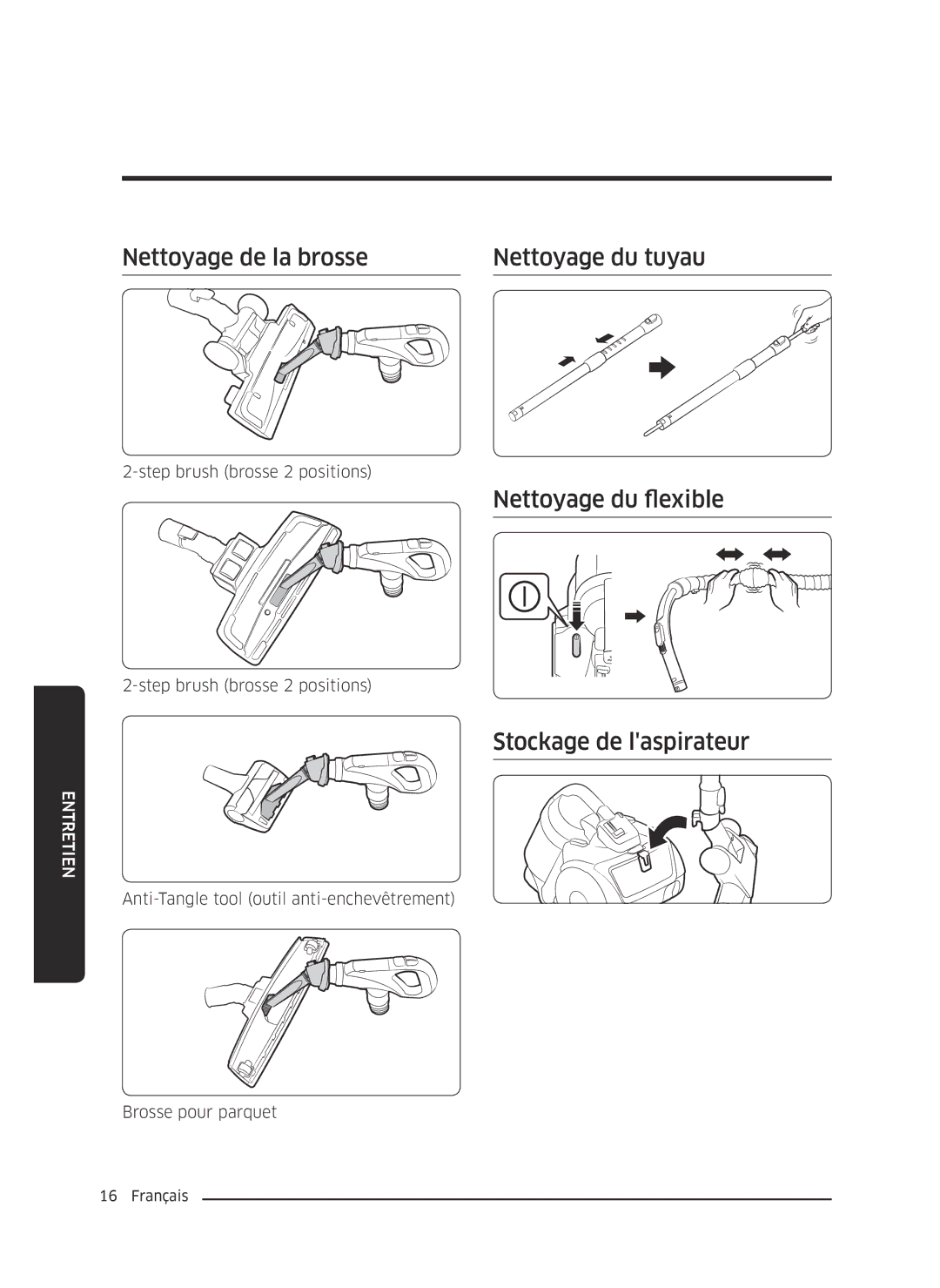 Samsung VC07K51F0VP/EF manual Nettoyage de la brosse Nettoyage du tuyau, Nettoyage du flexible, Stockage de laspirateur 