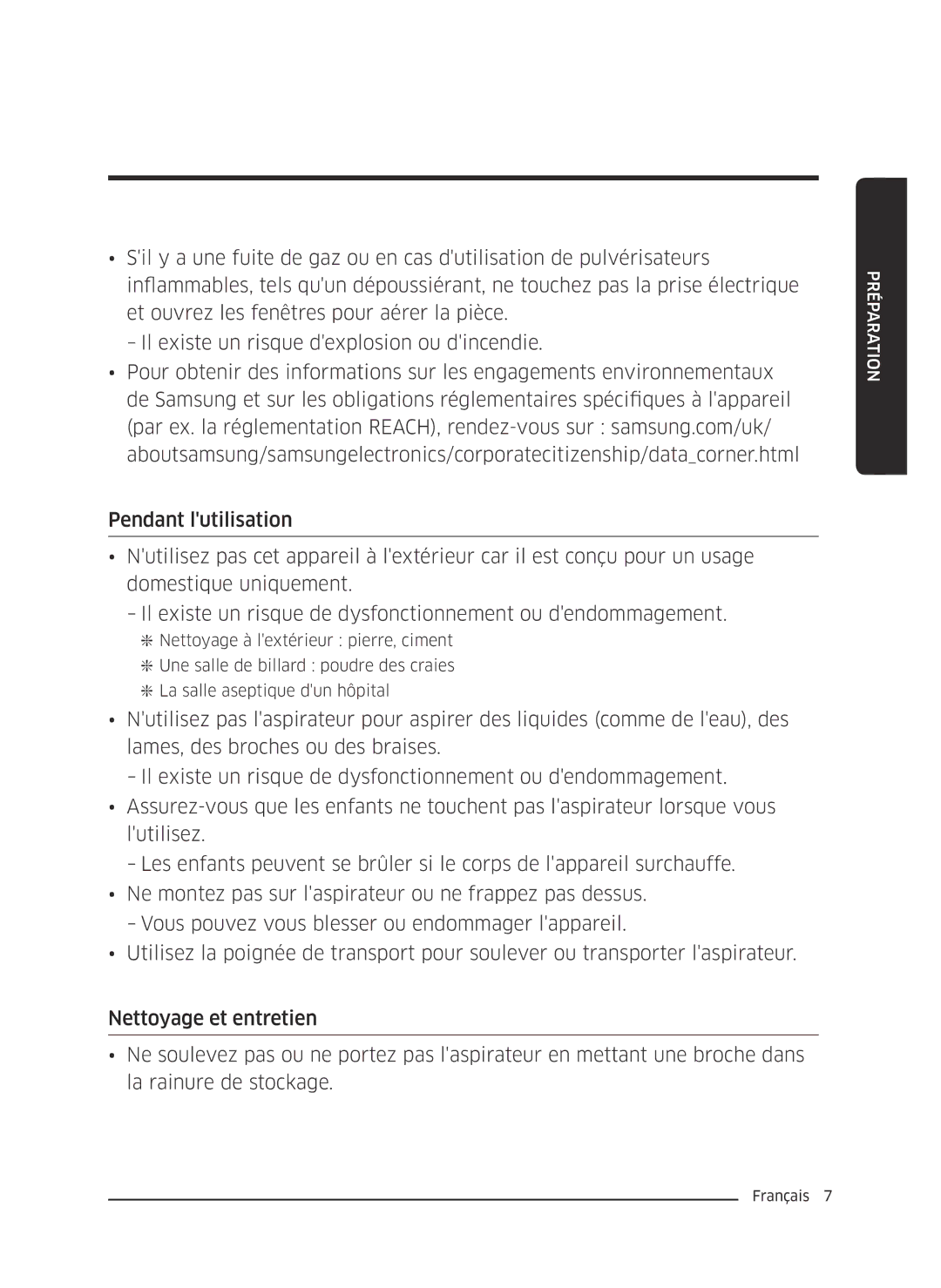 Samsung VC07K51G0HG/EF, VC07K51F0VP/EF manual Préparation 