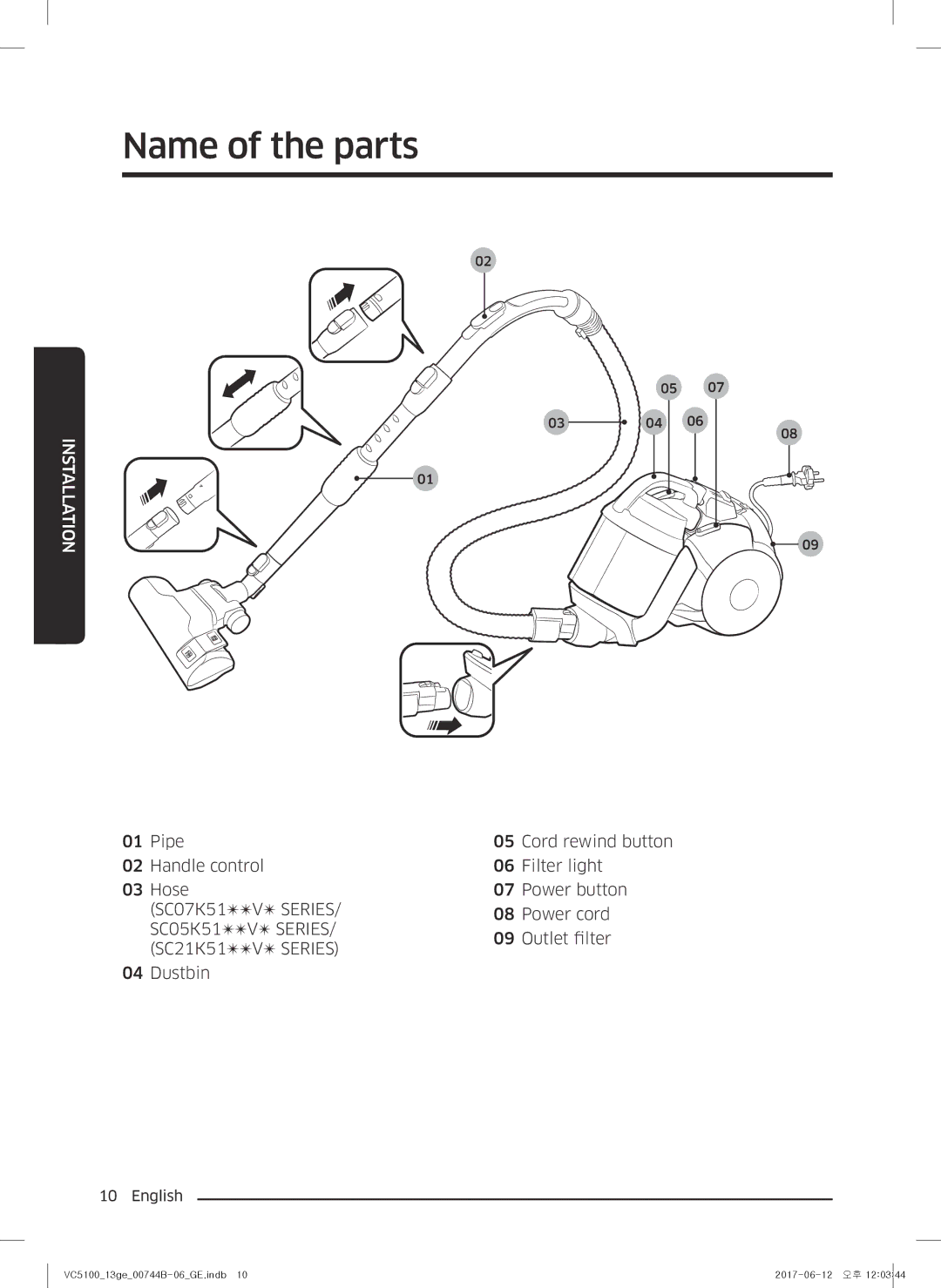 Samsung VC07K51E0VB/EN, VC07K51G0HG/EF, VC07K51G0HG/ET, VC07K51E0VB/ET, VC07K51G0HG/GE manual Name of the parts, Installation 