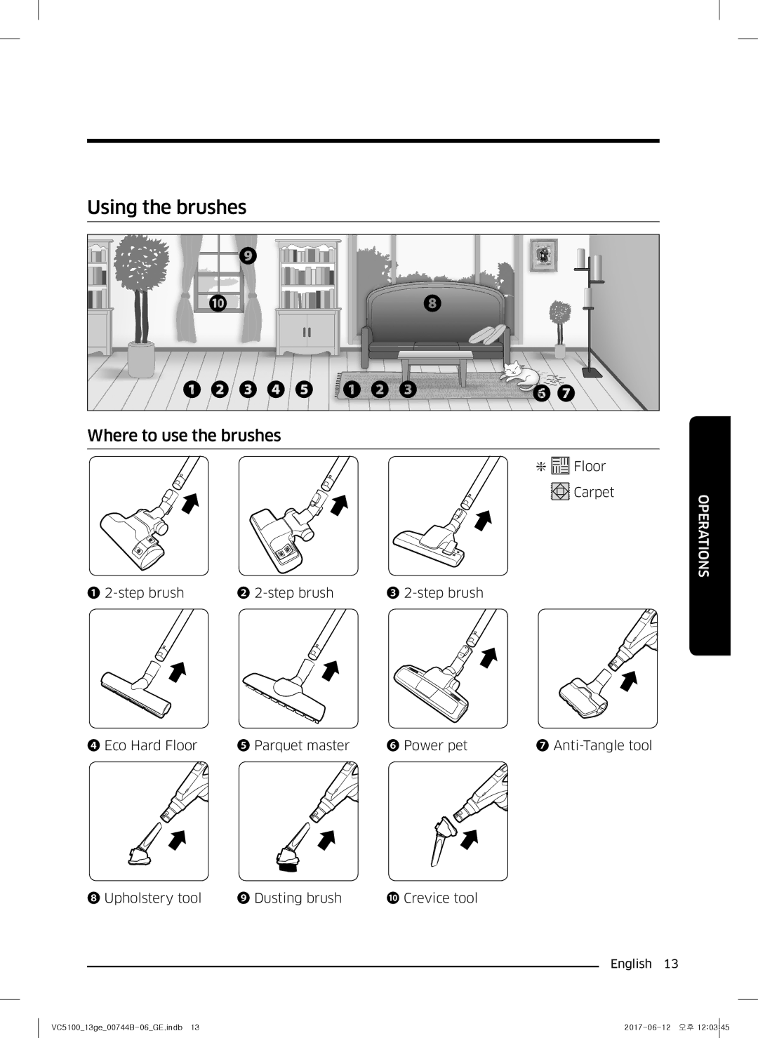 Samsung VC07K51G0HG/EN, VC07K51G0HG/EF, VC07K51G0HG/ET, VC07K51E0VB/ET manual Using the brushes, Where to use the brushes 