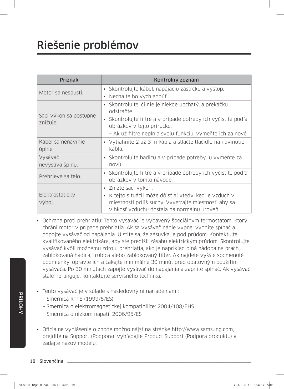 Samsung VC07K51G0HG/ET, VC07K51G0HG/EF, VC07K51E0VB/ET, VC07K51E0VB/EN, VC07K51G0HG/GE, VC07K51E0VB/GE manual Riešenie problémov 