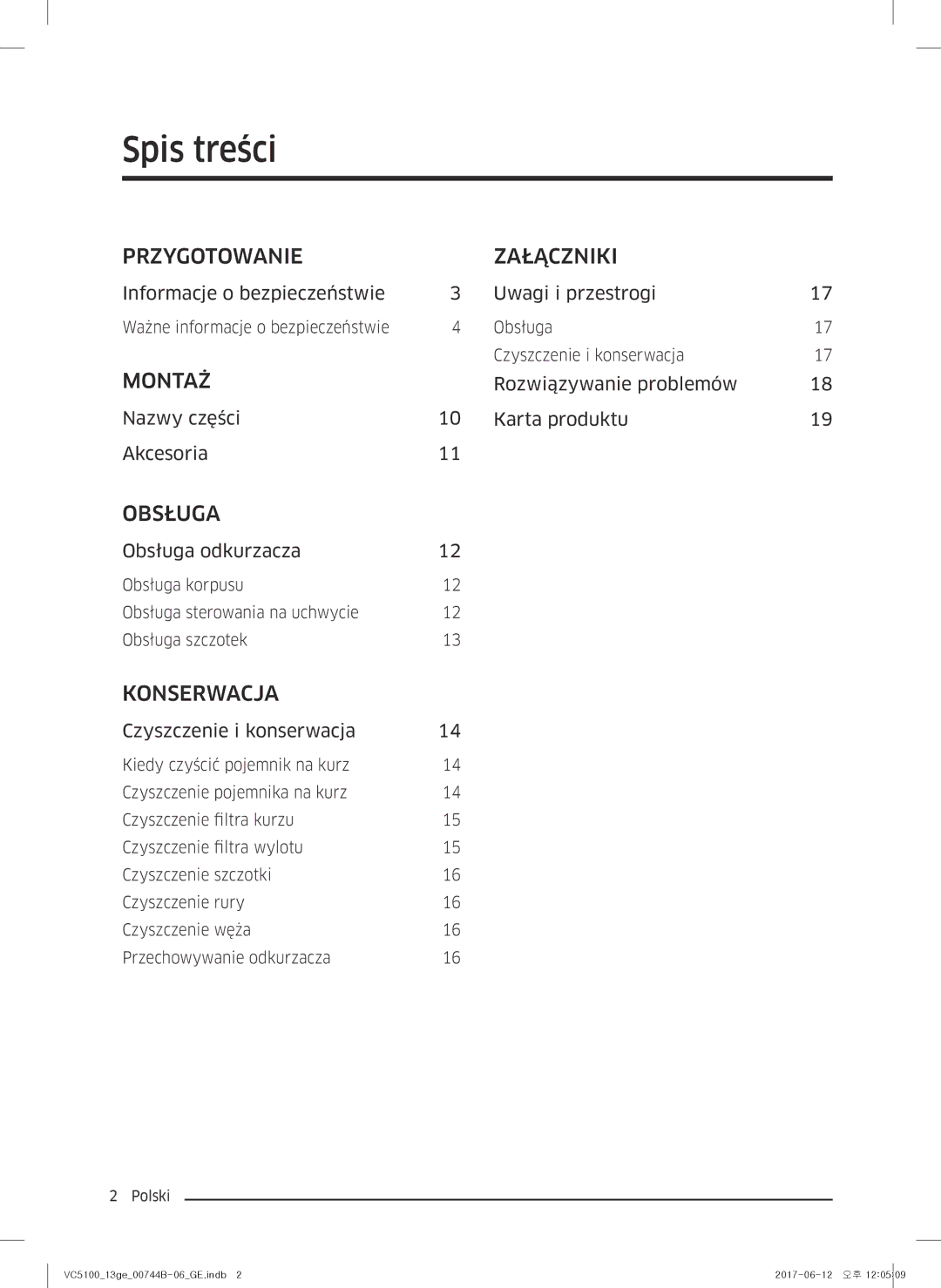 Samsung VC07K51E0VB/GE, VC07K51G0HG/EF Spis treści, Informacje o bezpieczeństwie Uwagi i przestrogi, Obsługa odkurzacza 