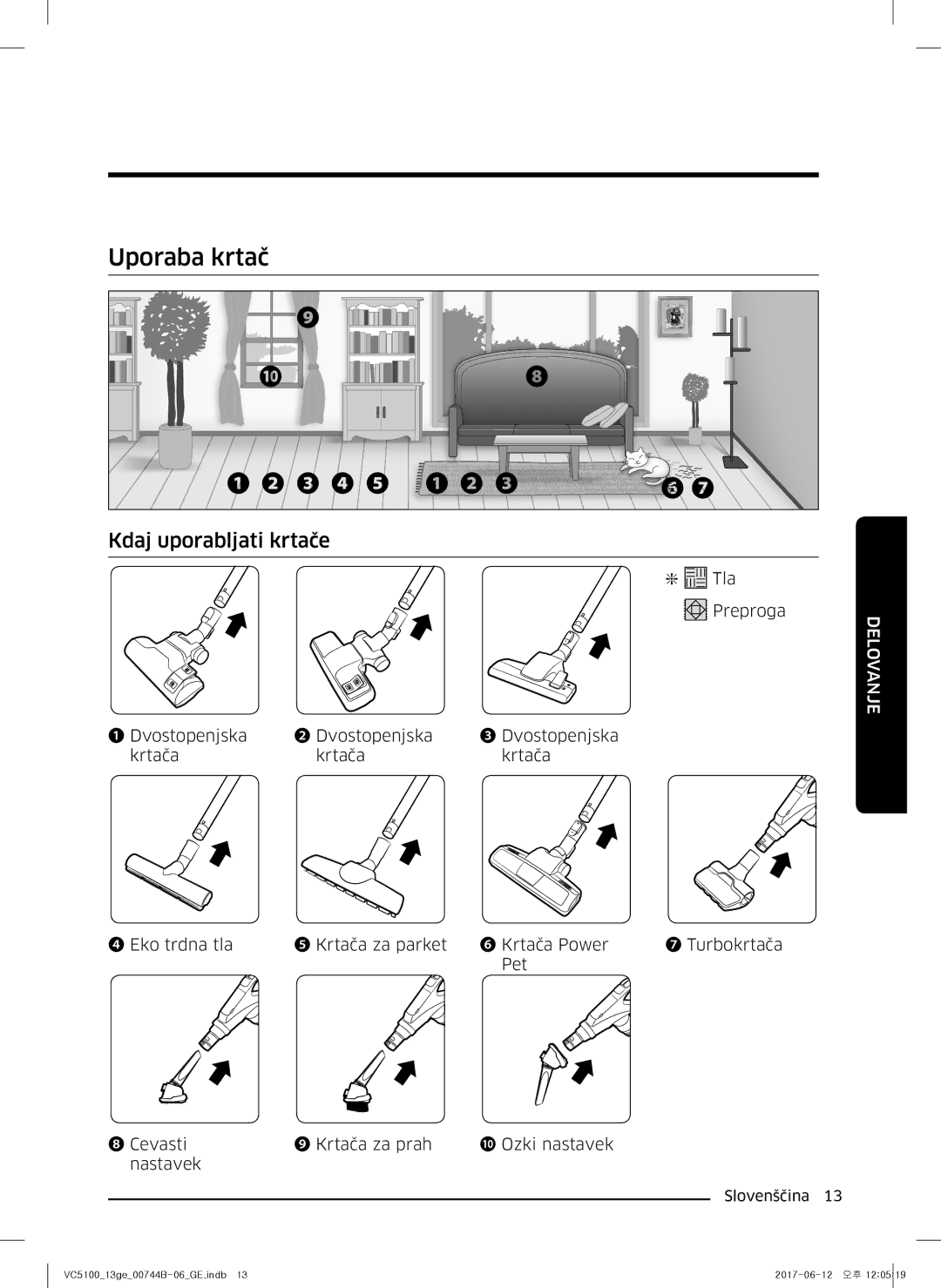 Samsung VC07K51G0HG/ET, VC07K51G0HG/EF, VC07K51E0VB/ET, VC07K51E0VB/EN, VC07K51G0HG/GE Uporaba krtač, Kdaj uporabljati krtače 