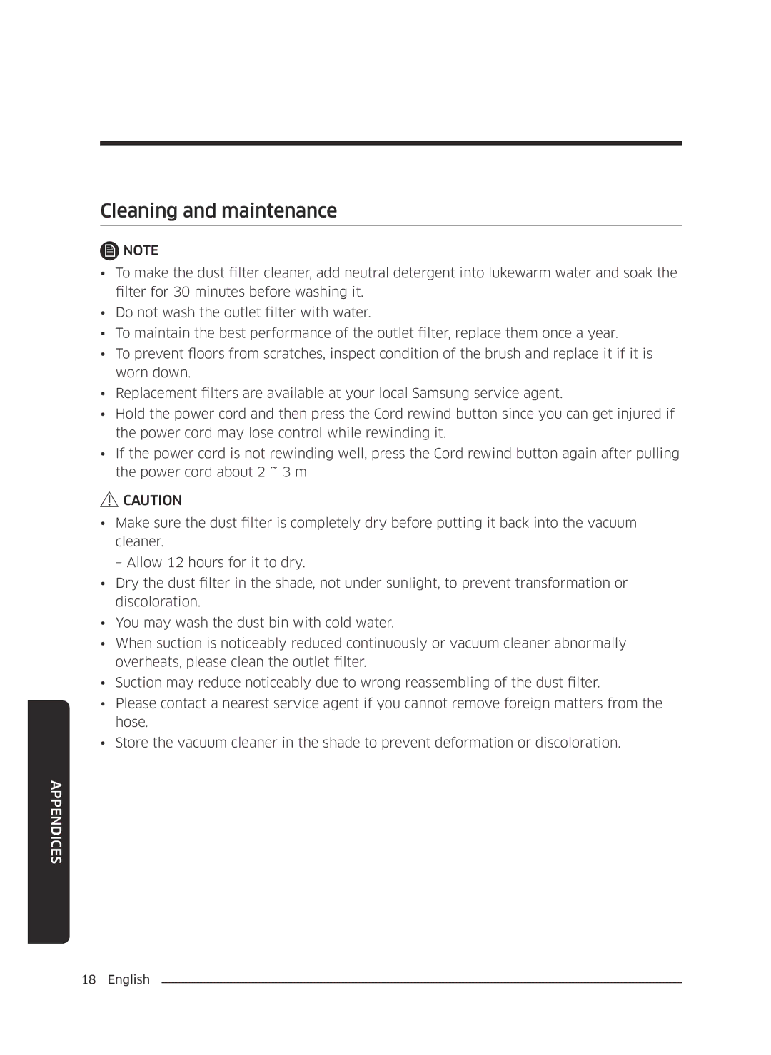 Samsung VC07K51G0HG/GE, VC07K51G0HG/EF, VC07K51G0HG/ET, VC07K51E0VB/ET, VC07K51E0VB/EN manual Cleaning and maintenance 