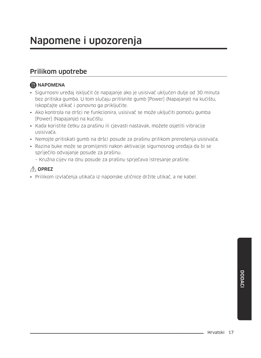 Samsung VC07K51E0VB/GE, VC07K51G0HG/EF, VC07K51G0HG/ET, VC07K51E0VB/ET manual Napomene i upozorenja, Prilikom upotrebe 