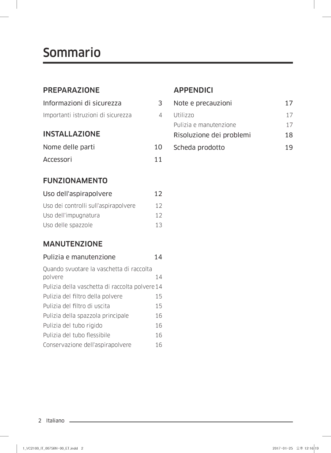 Samsung VC07M2110S2/ET manual Sommario, Preparazione Appendici 