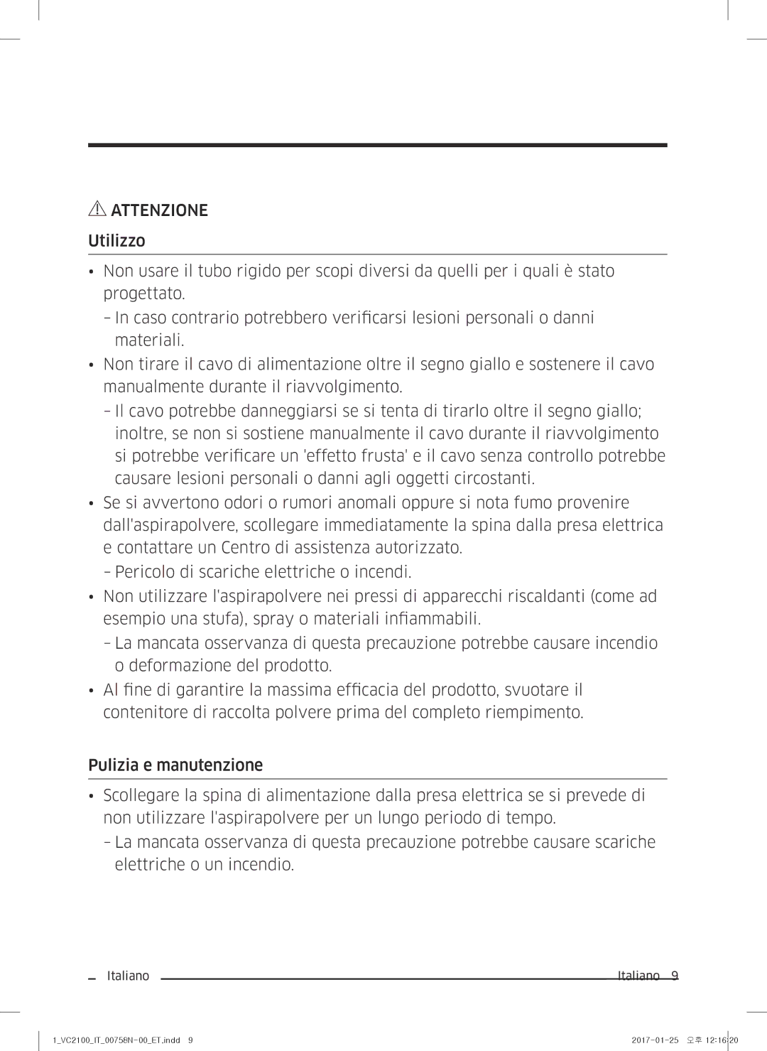 Samsung VC07M2110S2/ET manual Attenzione 