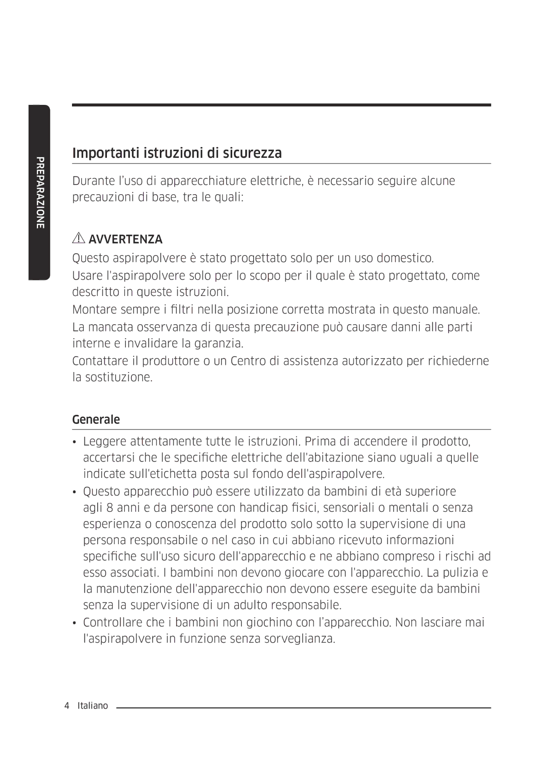 Samsung VC07M2110S2/ET manual Importanti istruzioni di sicurezza 