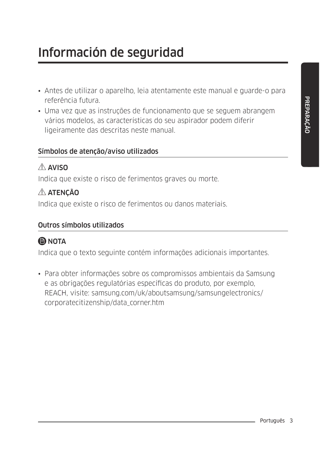 Samsung VC07M2110S2/ET manual Información de seguridad, Indica que existe o risco de ferimentos graves ou morte 