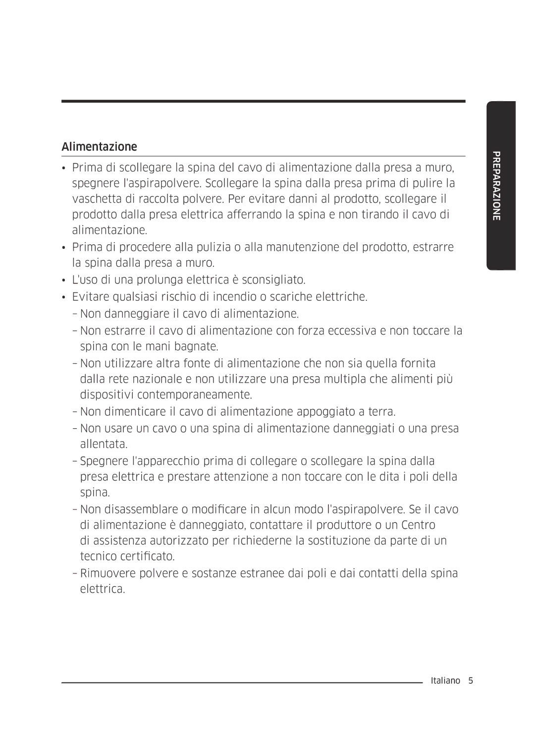 Samsung VC07M2110S2/ET manual Preparazione 