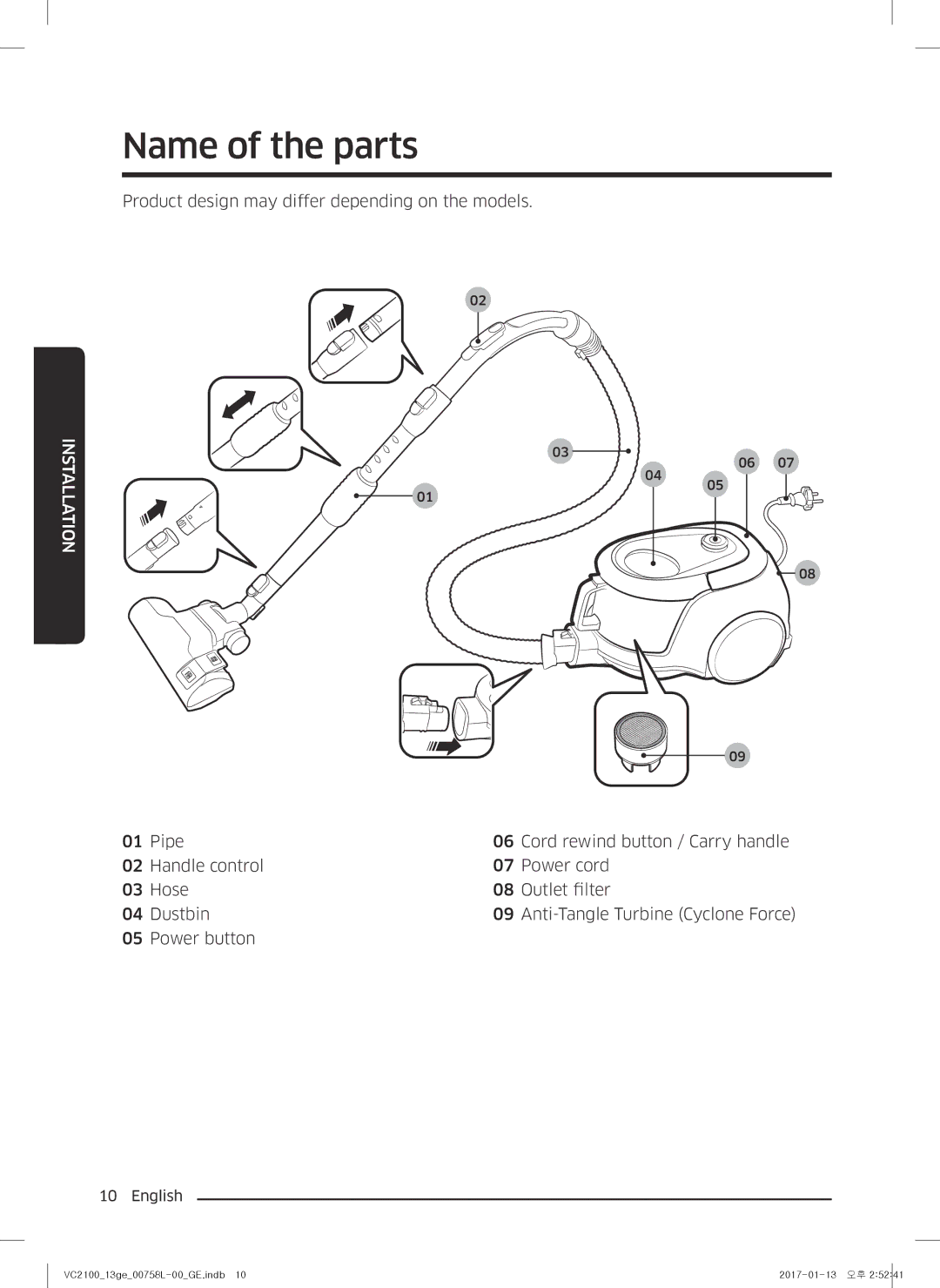 Samsung VC07M2110SB/GE, VC07M2110SR/GE, VC07M21A0V1/GE, VC07M21A0VN/GE, VC07M21A0VG/GE manual Name of the parts, Nstallation 