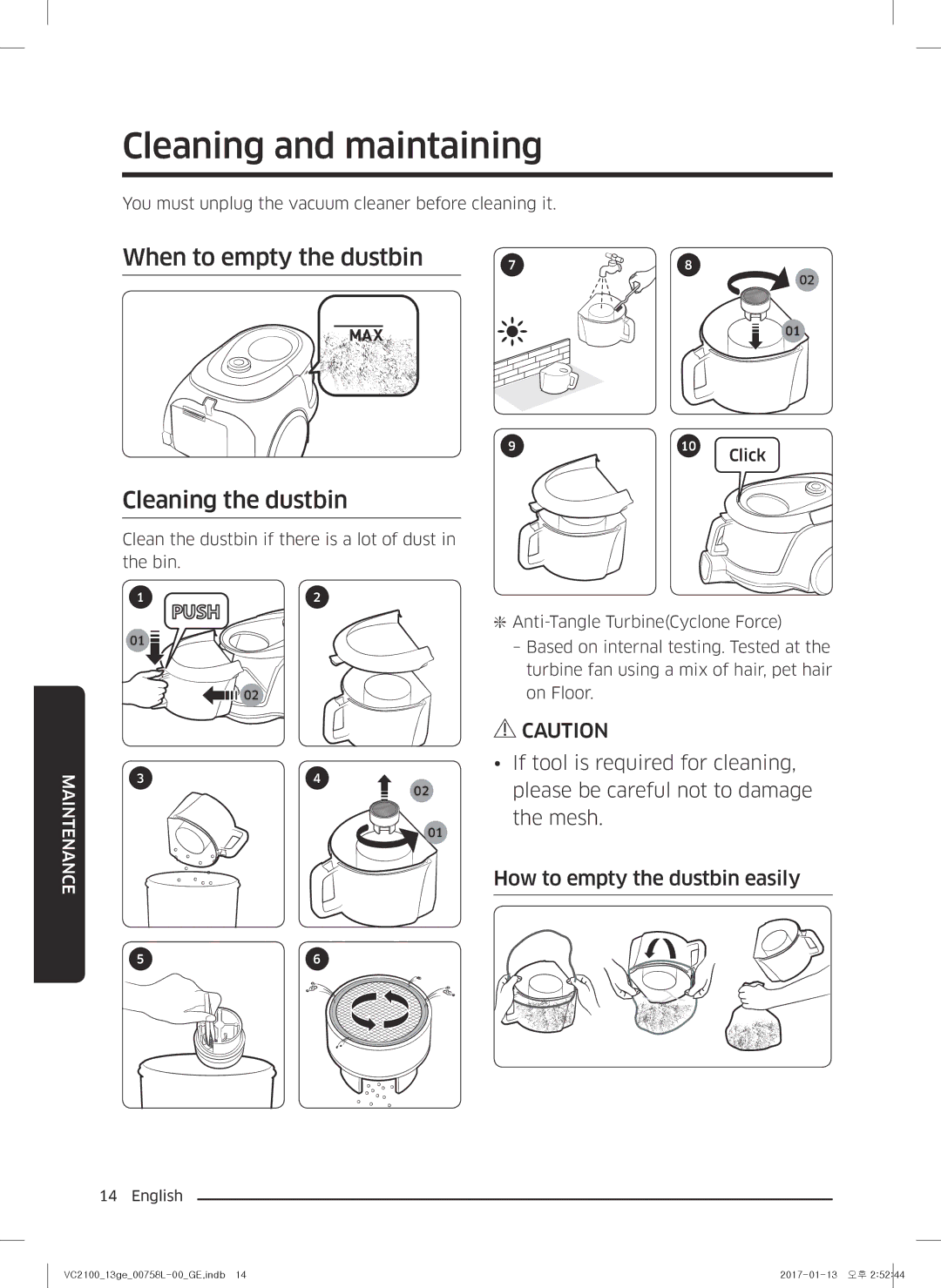 Samsung VC07M21A0VG/GE manual Cleaning and maintaining, When to empty the dustbin Cleaning the dustbin, Maintenance, Click 