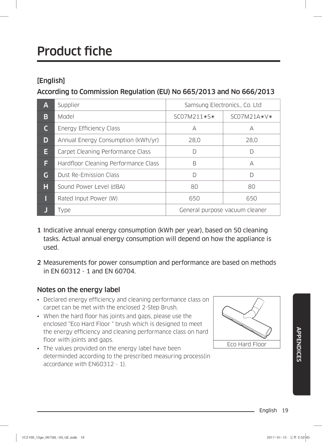 Samsung VC07M21A0VG/GE, VC07M2110SB/GE, VC07M2110SR/GE, VC07M21A0V1/GE, VC07M21A0VN/GE manual Product fiche 