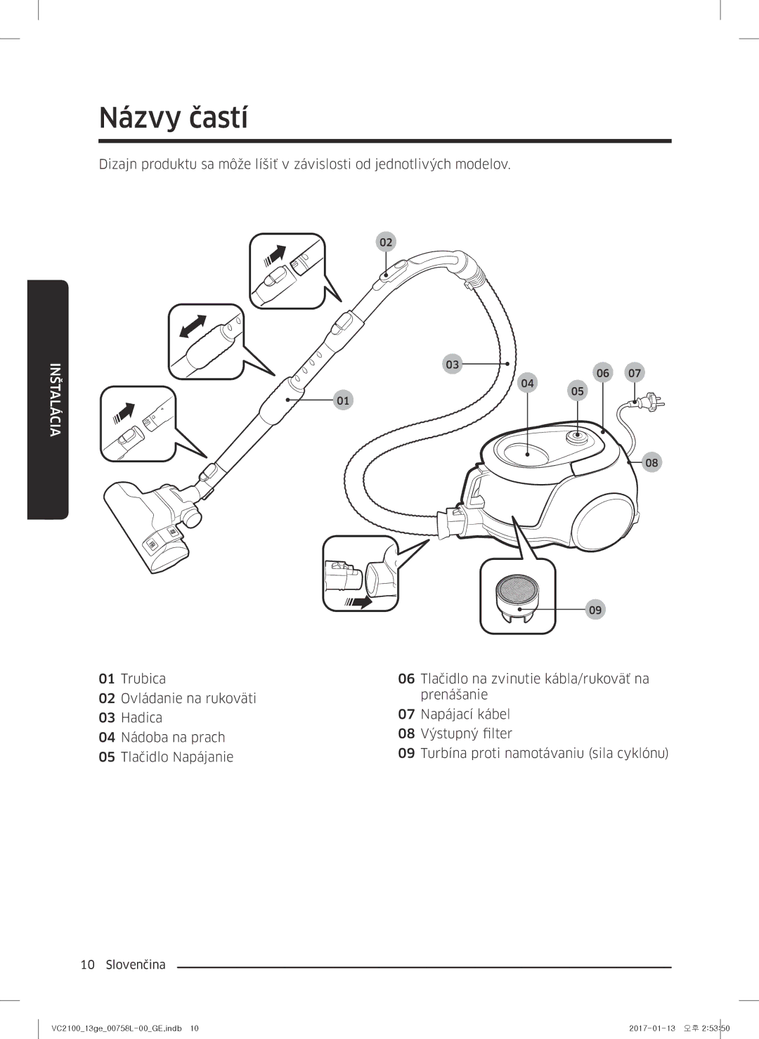 Samsung VC07M21A0V1/GE, VC07M2110SB/GE, VC07M2110SR/GE, VC07M21A0VN/GE, VC07M21A0VG/GE manual Názvy častí, Nštalácia 