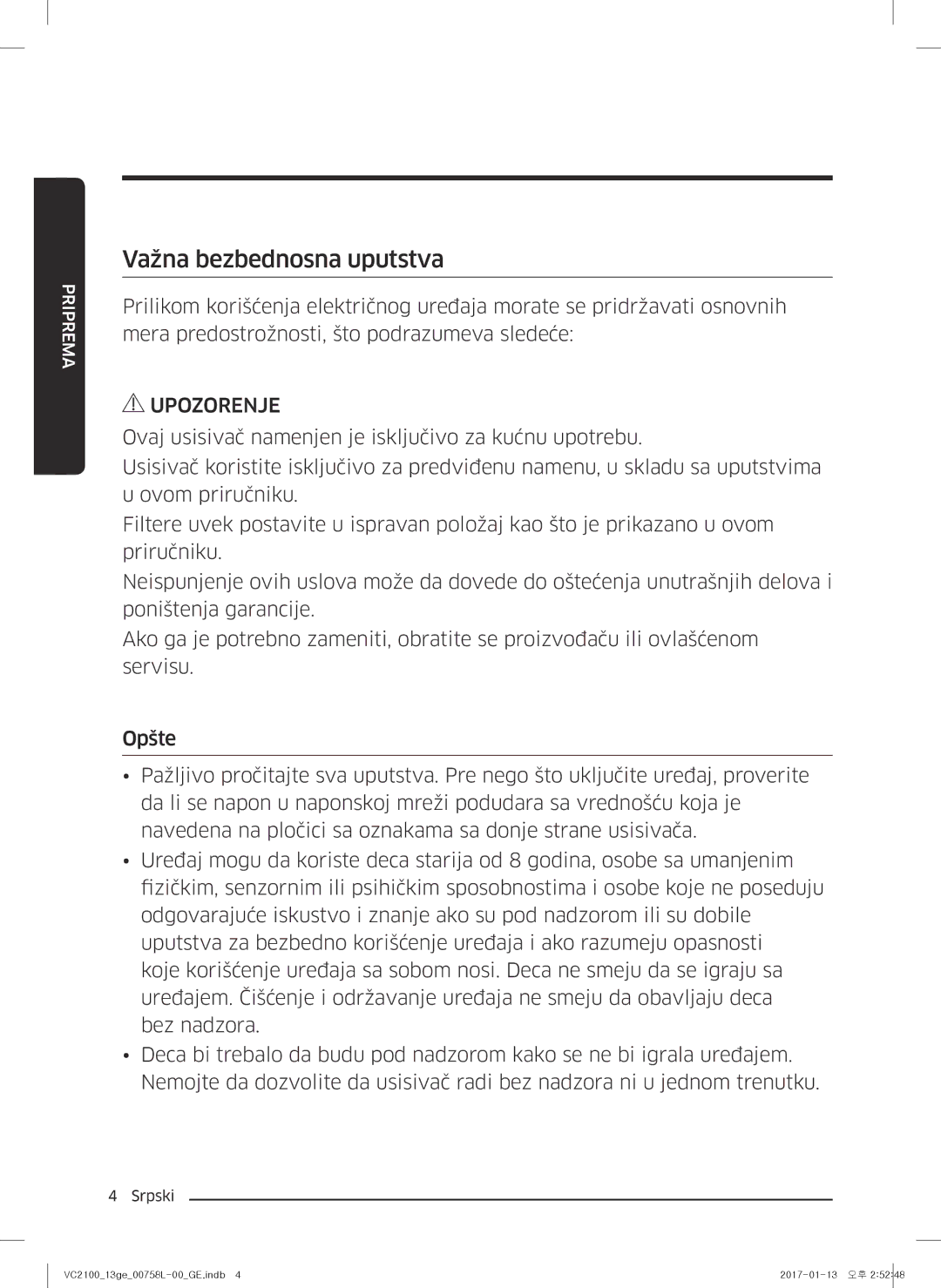 Samsung VC07M21A0VG/GE, VC07M2110SB/GE, VC07M2110SR/GE, VC07M21A0V1/GE, VC07M21A0VN/GE manual Važna bezbednosna uputstva 