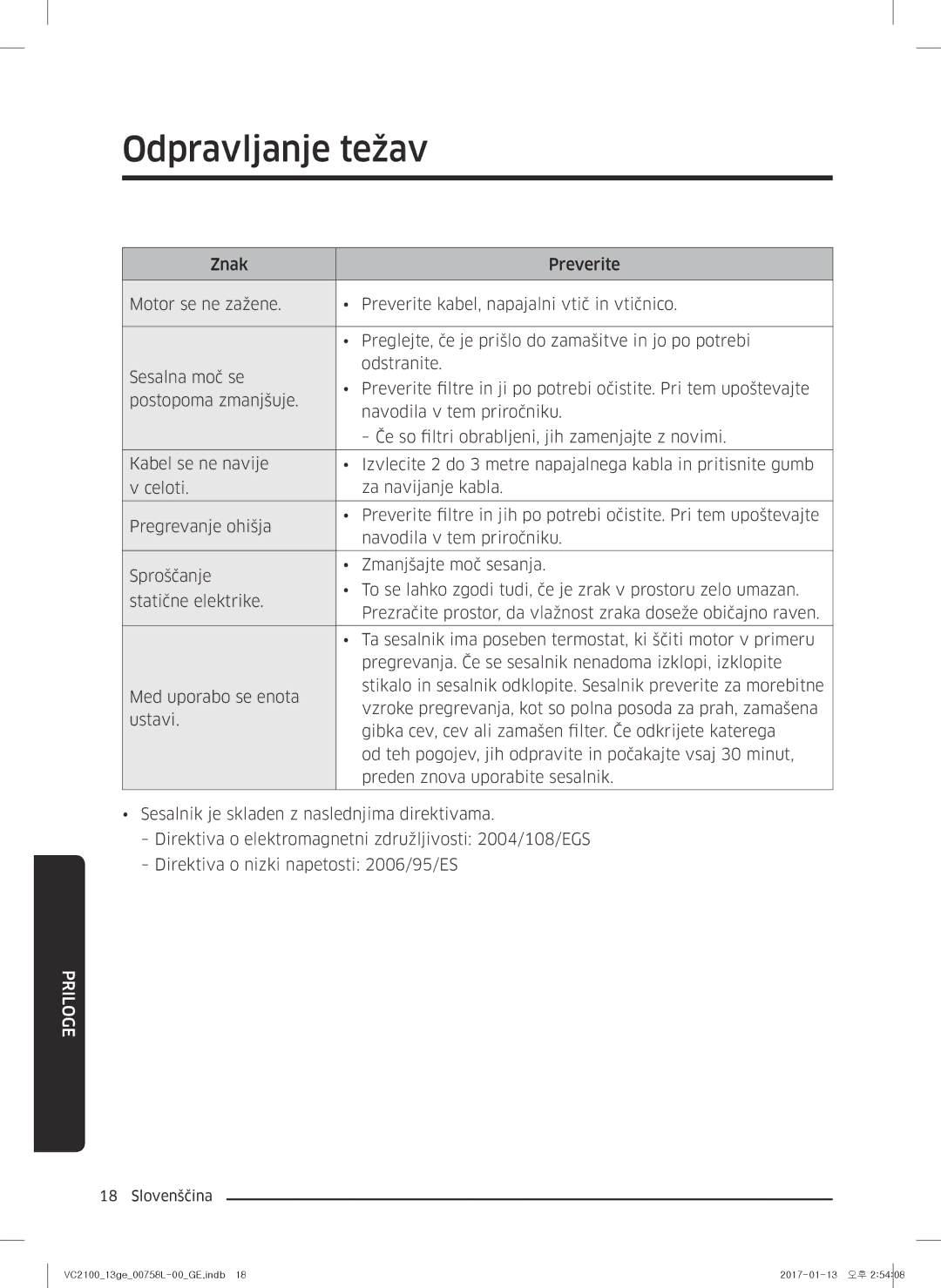 Samsung VC07M2110SB/GE, VC07M2110SR/GE, VC07M21A0V1/GE, VC07M21A0VN/GE, VC07M21A0VG/GE manual Odpravljanje težav 