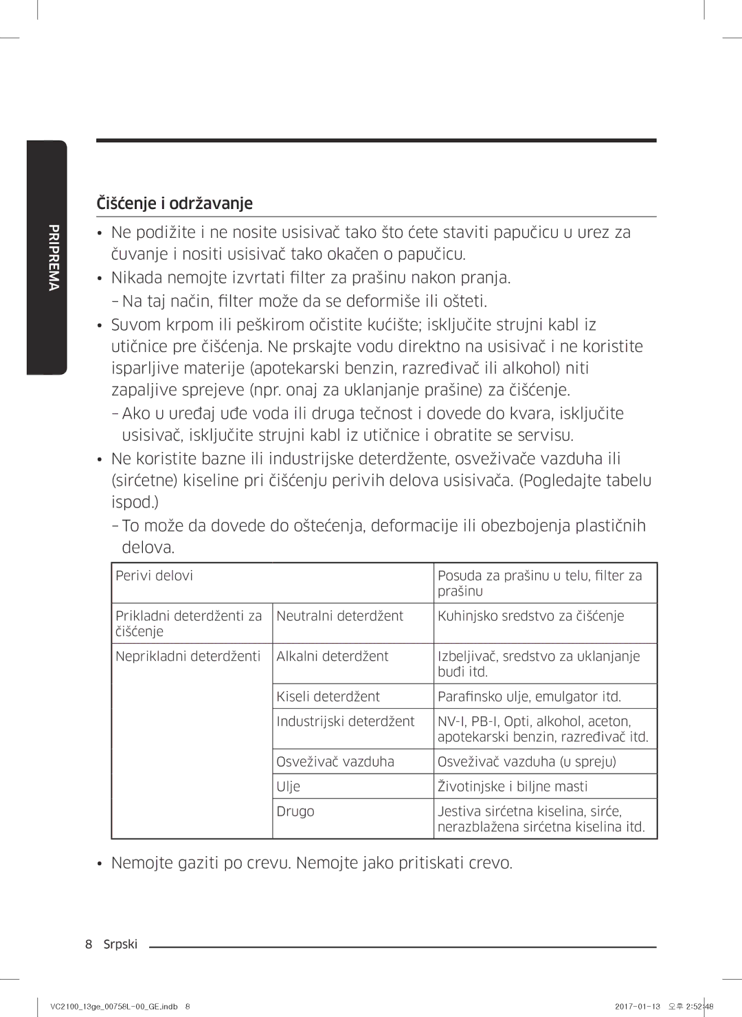 Samsung VC07M21A0VN/GE, VC07M2110SB/GE, VC07M2110SR/GE manual Nemojte gaziti po crevu. Nemojte jako pritiskati crevo 