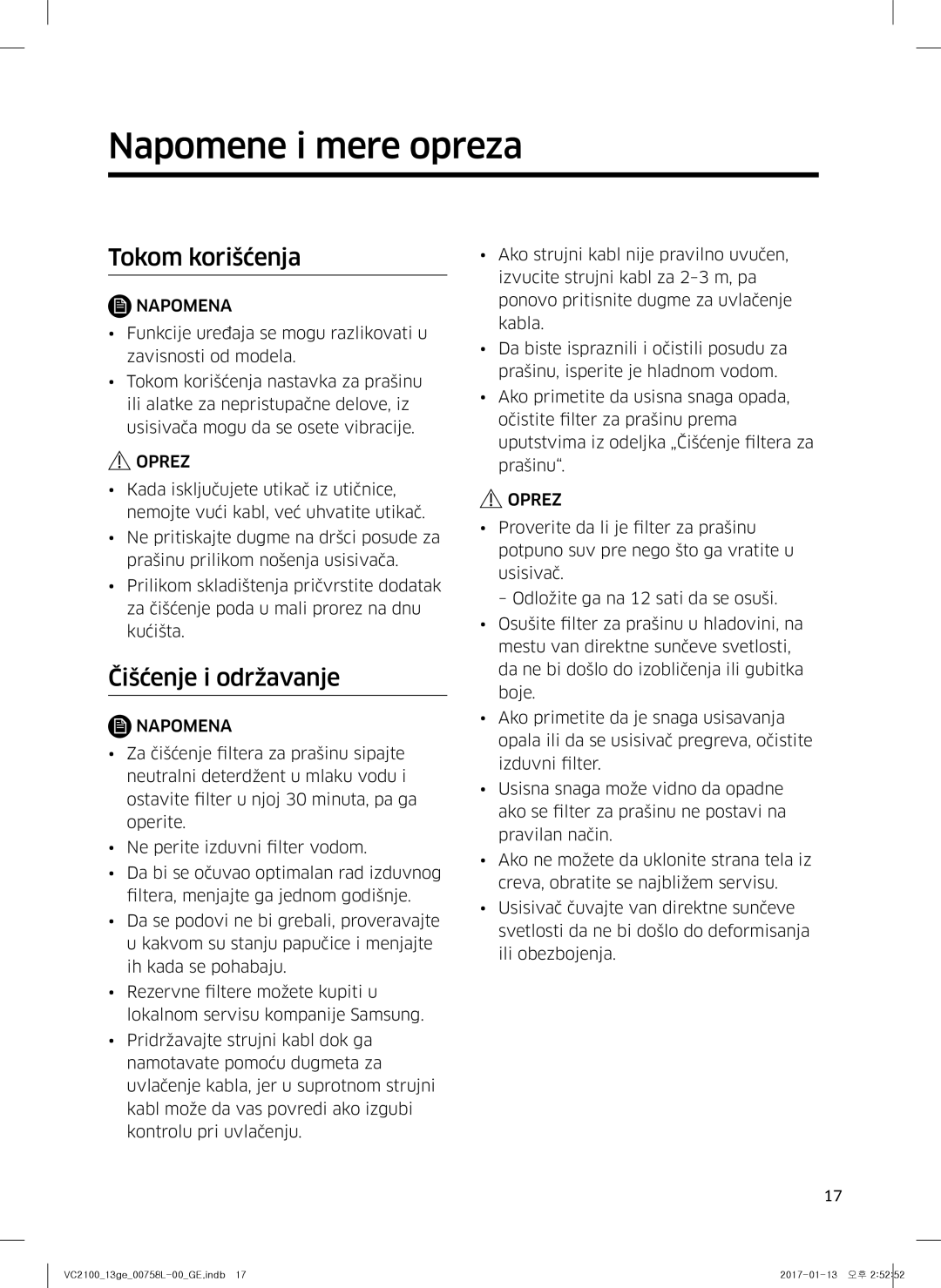 Samsung VC07M21A0V1/GE, VC07M2110SB/GE manual Napomene i mere opreza, Tokom korišćenja, Čišćenje i održavanje, Dodaci 