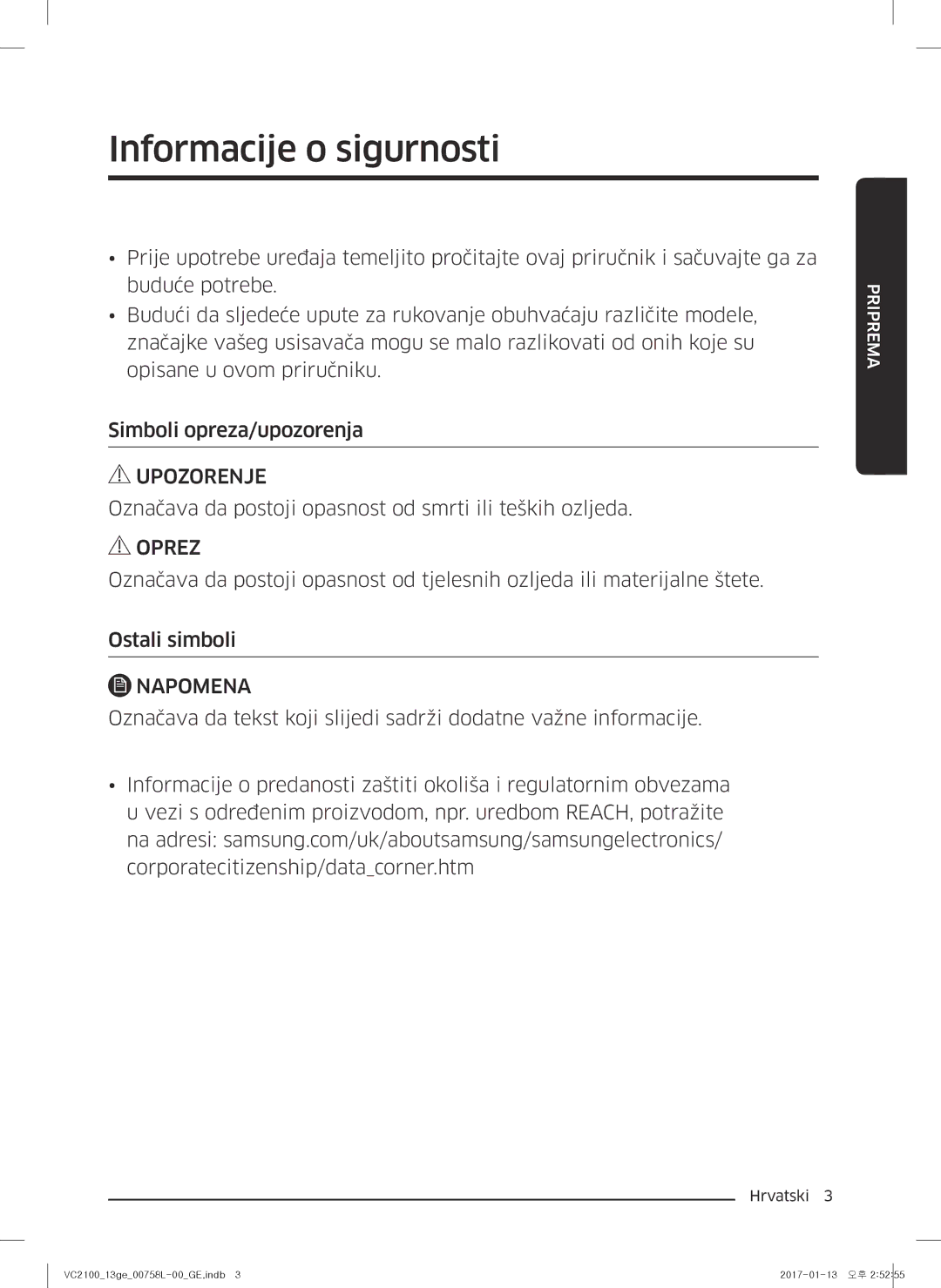 Samsung VC07M21A0VN/GE, VC07M2110SB/GE Informacije o sigurnosti, Označava da postoji opasnost od smrti ili teških ozljeda 