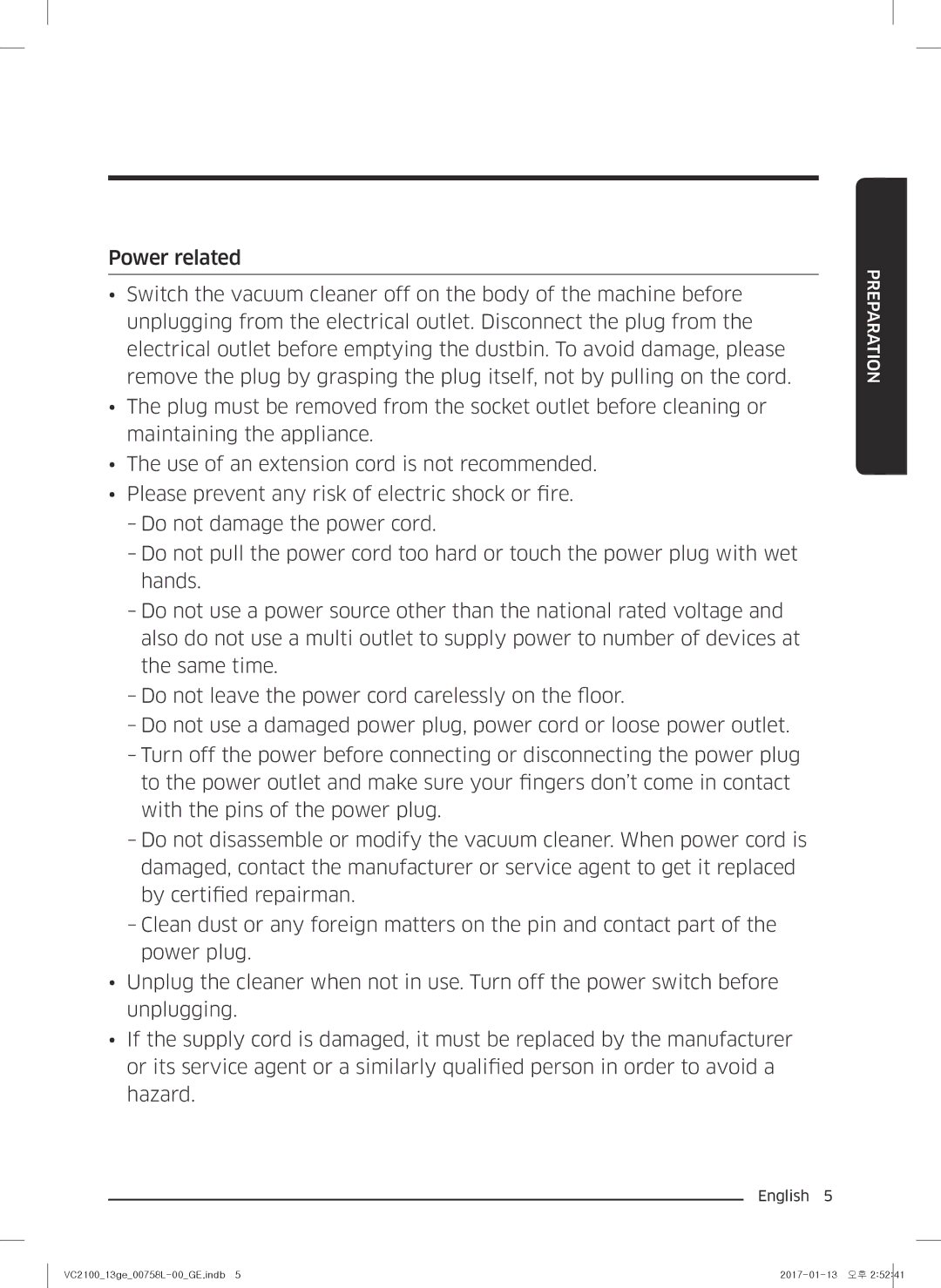 Samsung VC07M2110SB/GE, VC07M2110SR/GE, VC07M21A0V1/GE, VC07M21A0VN/GE, VC07M21A0VG/GE manual Preparation 