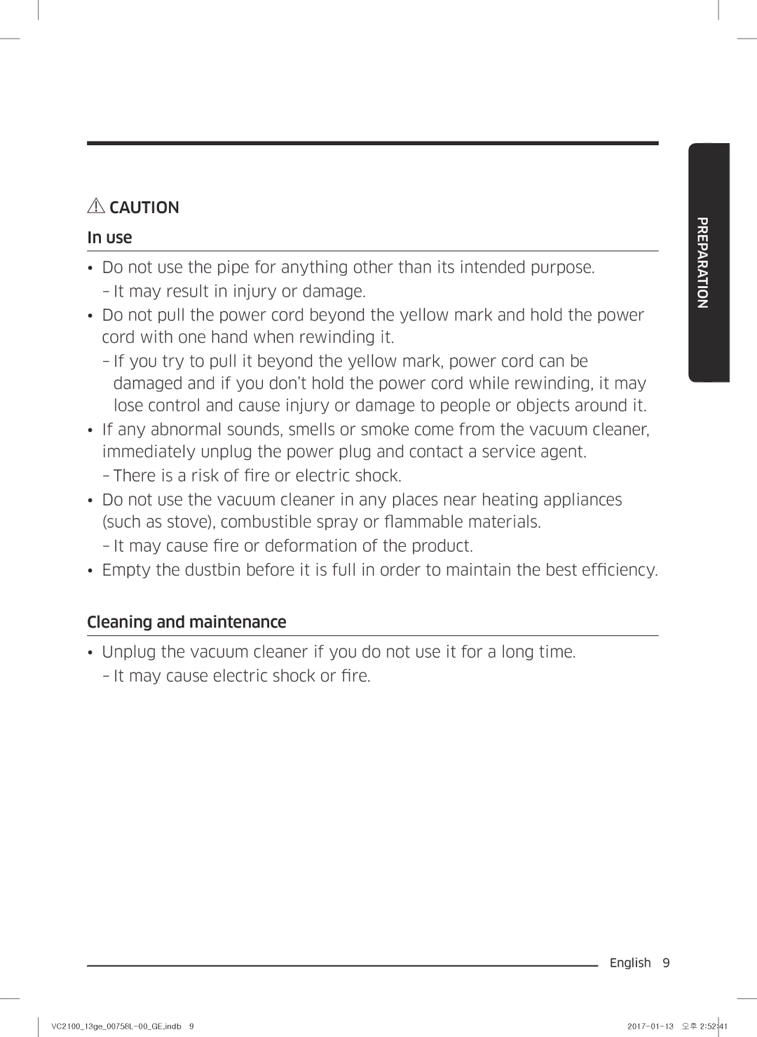 Samsung VC07M21A0VG/GE, VC07M2110SB/GE, VC07M2110SR/GE, VC07M21A0V1/GE, VC07M21A0VN/GE manual Preparation 