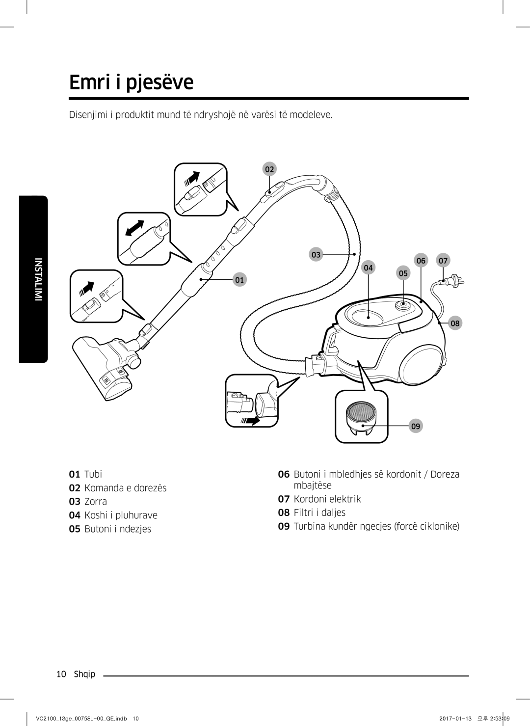 Samsung VC07M2110SB/GE, VC07M2110SR/GE, VC07M21A0V1/GE, VC07M21A0VN/GE, VC07M21A0VG/GE manual Emri i pjesëve, Nstalimi 