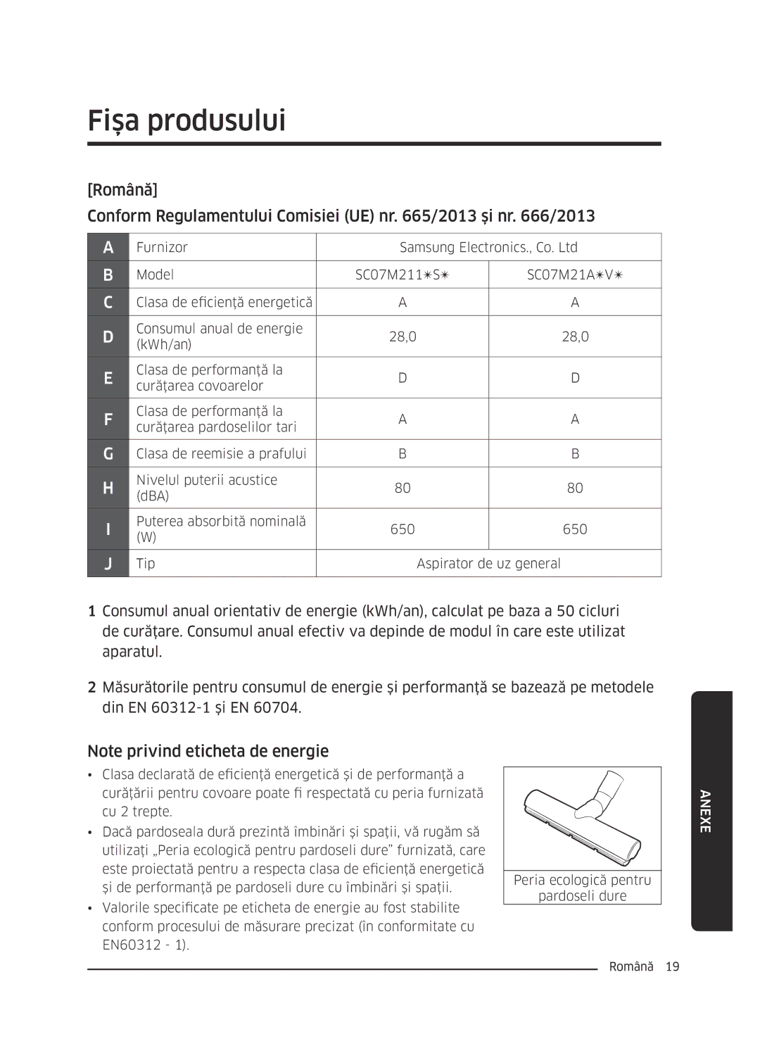 Samsung VC07M21A0VG/GE, VC07M2110SB/GE, VC07M2110SR/GE, VC07M21A0V1/GE, VC07M21A0VN/GE manual Fişa produsului 