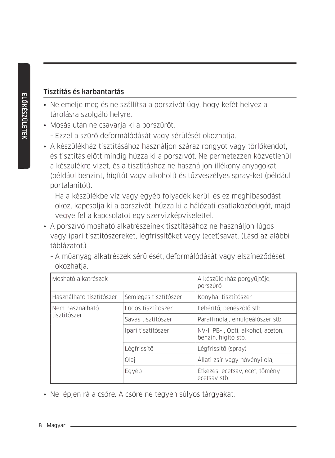 Samsung VC07M21A0VN/GE, VC07M2110SB/GE, VC07M2110SR/GE manual Ne lépjen rá a csőre. a csőre ne tegyen súlyos tárgyakat 