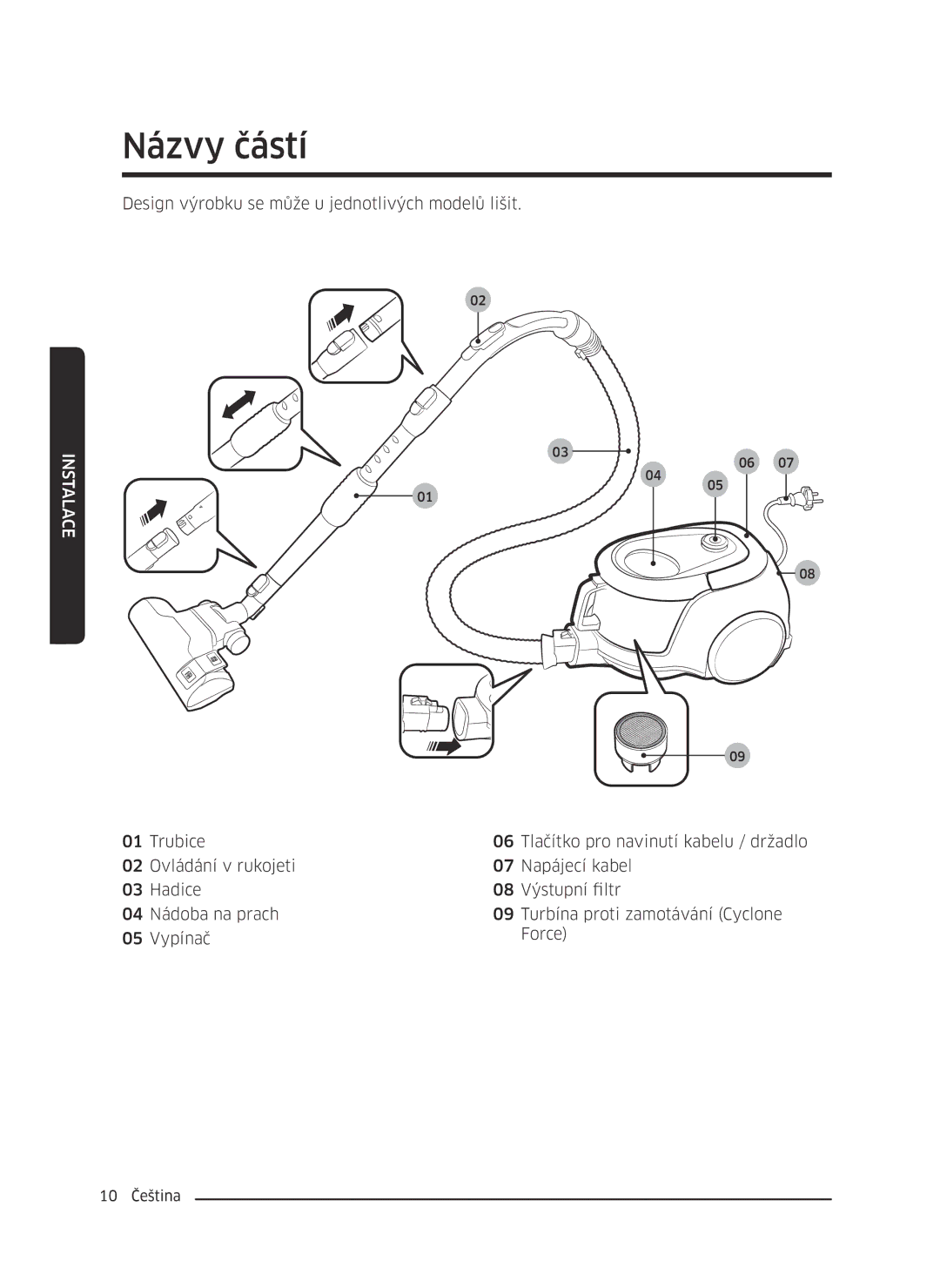 Samsung VC07M21A0V1/GE, VC07M2110SB/GE, VC07M2110SR/GE, VC07M21A0VN/GE, VC07M21A0VG/GE manual Názvy částí, Nstalace 