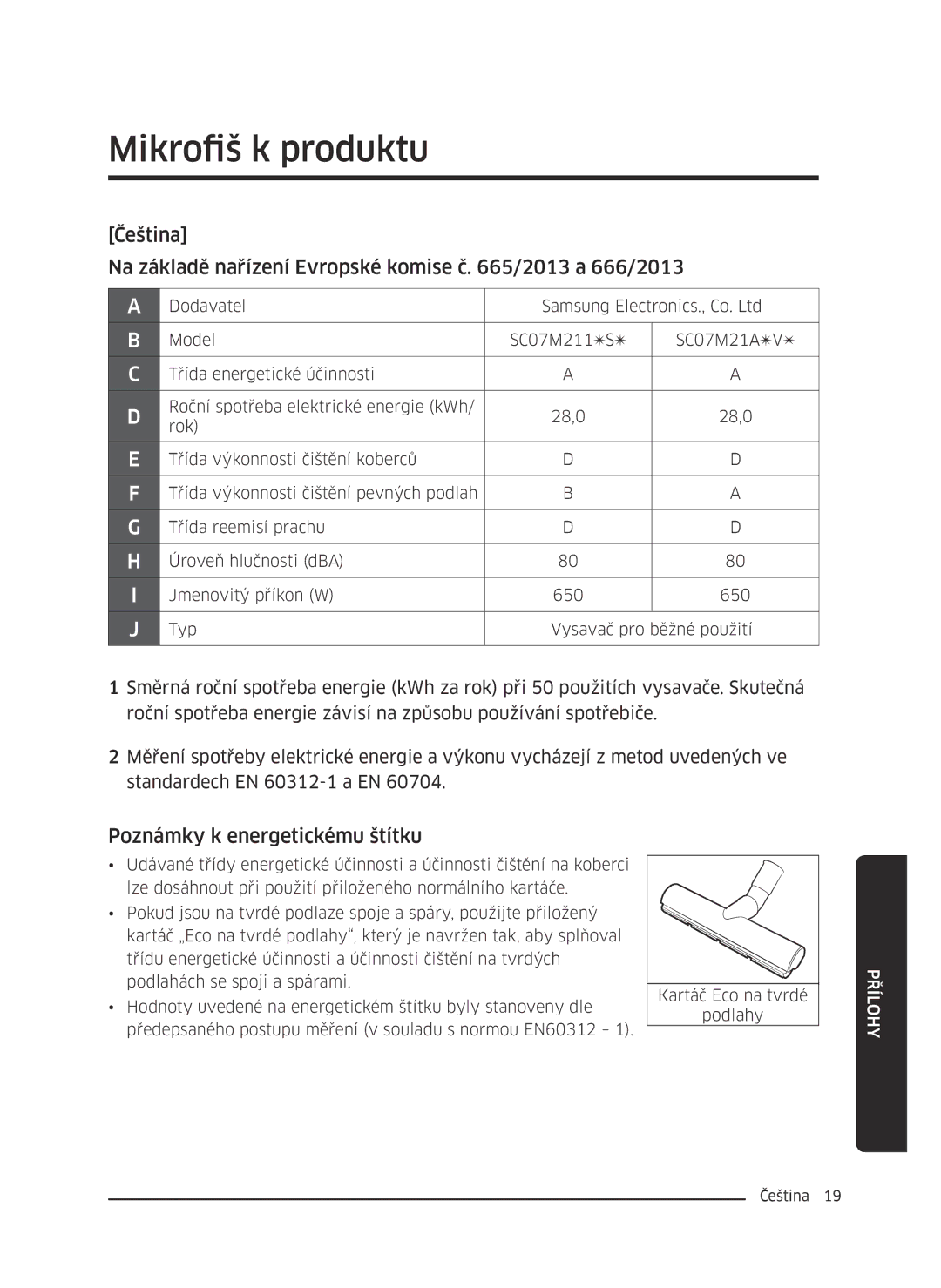 Samsung VC07M2110SR/GE, VC07M2110SB/GE, VC07M21A0V1/GE, VC07M21A0VN/GE Mikrofiš k produktu, Poznámky k energetickému štítku 