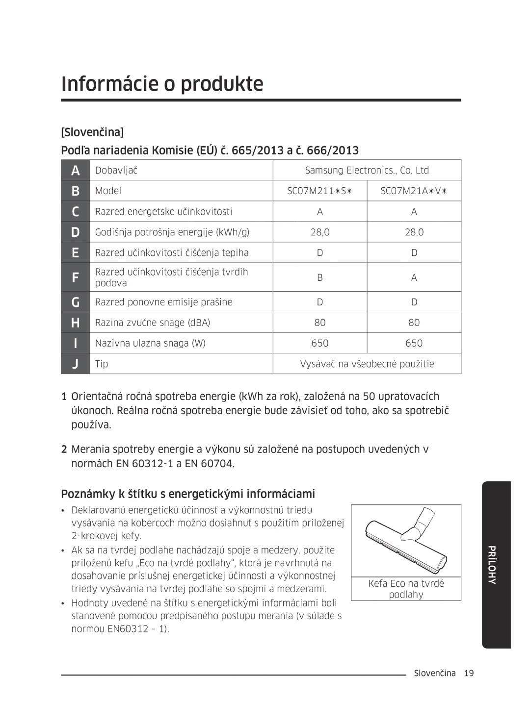 Samsung VC07M2110SR/GE, VC07M2110SB/GE Informácie o produkte, Slovenčina Podľa nariadenia Komisie EÚ č /2013 a č /2013 