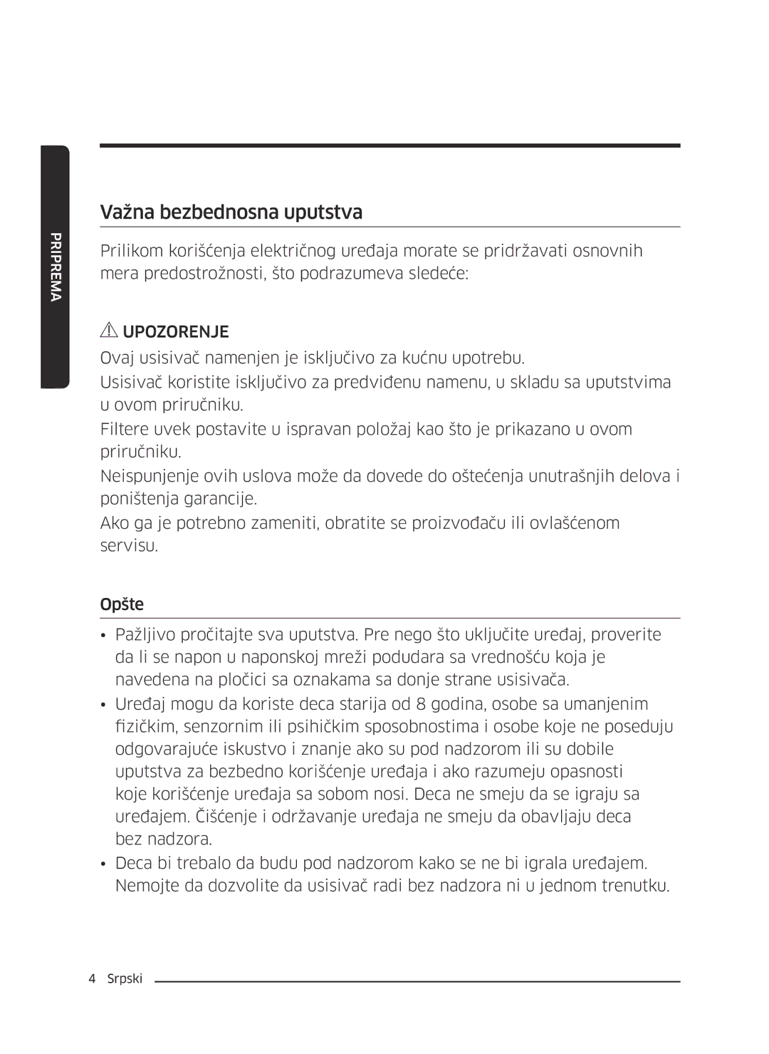 Samsung VC07M21A0VG/GE, VC07M2110SB/GE, VC07M2110SR/GE, VC07M21A0V1/GE, VC07M21A0VN/GE manual Važna bezbednosna uputstva 