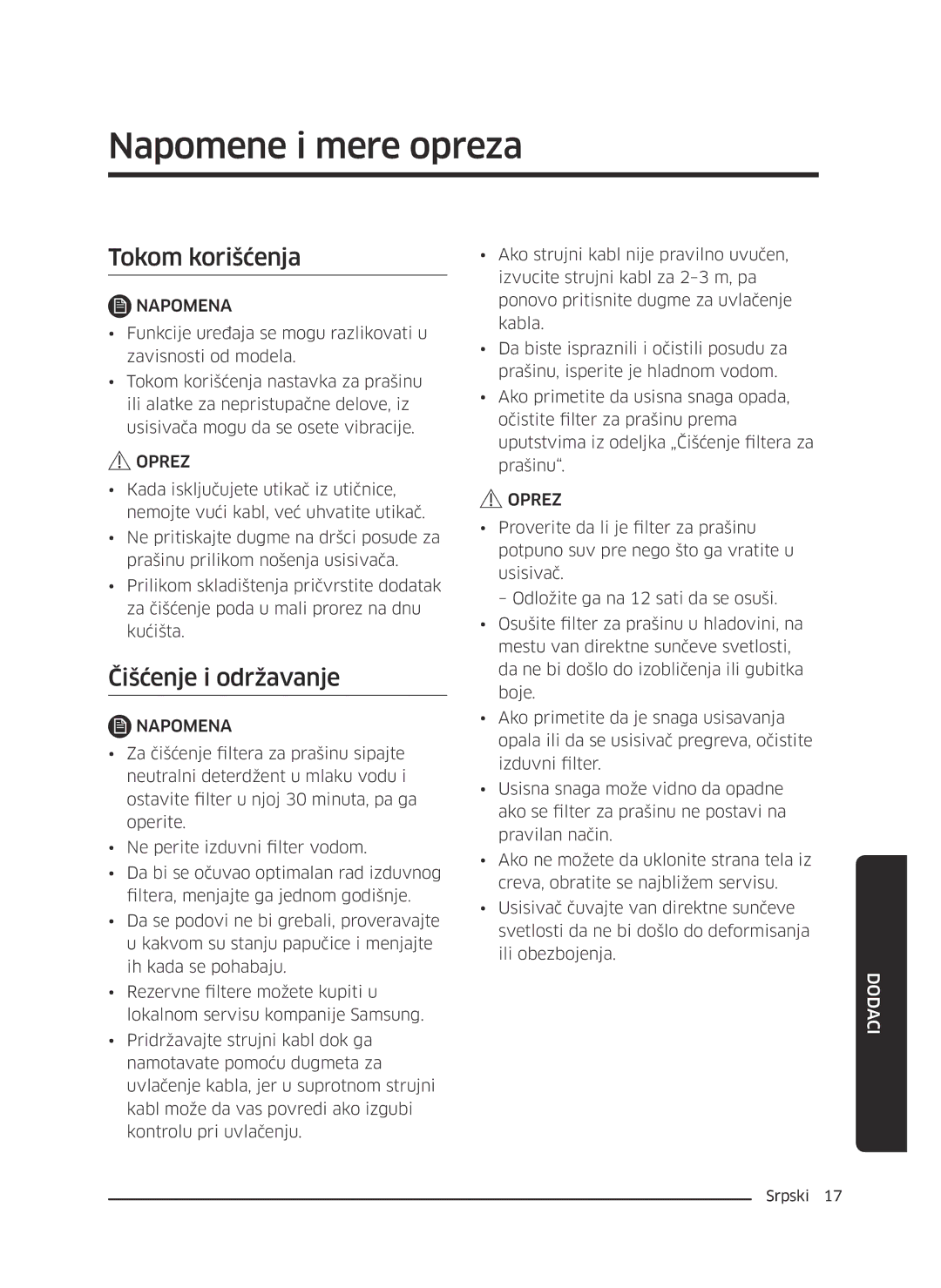 Samsung VC07M21A0V1/GE, VC07M2110SB/GE, VC07M2110SR/GE manual Napomene i mere opreza, Tokom korišćenja, Čišćenje i održavanje 