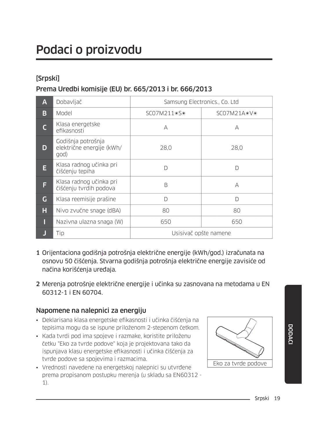 Samsung VC07M21A0VG/GE, VC07M2110SB/GE manual Podaci o proizvodu, Srpski Prema Uredbi komisije EU br /2013 i br /2013 