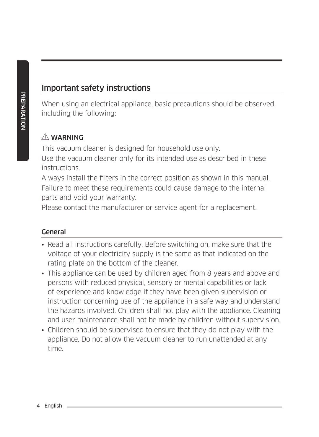 Samsung VC07M21A0VG/GE, VC07M2110SB/GE, VC07M2110SR/GE, VC07M21A0V1/GE, VC07M21A0VN/GE manual Important safety instructions 