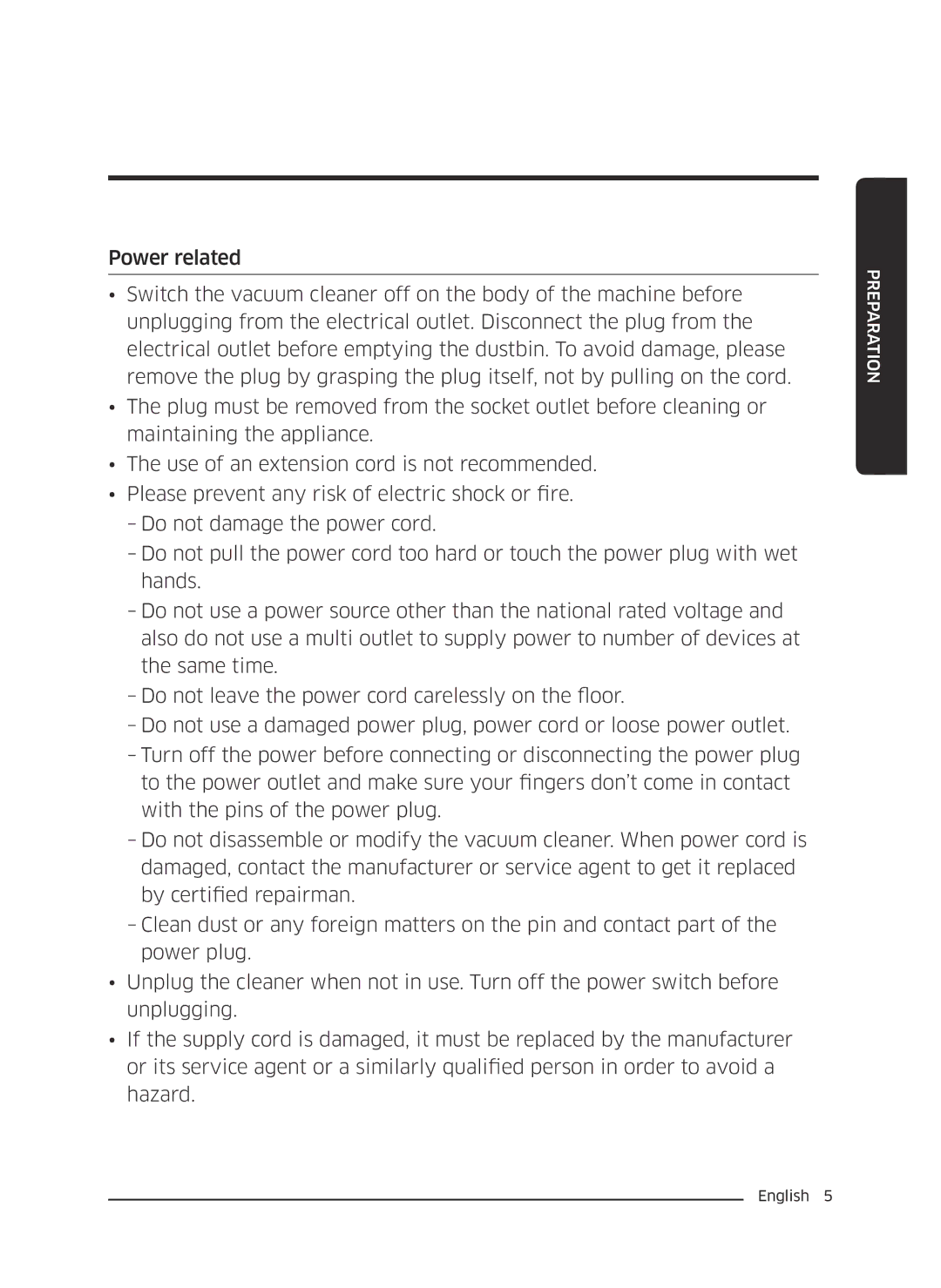 Samsung VC07M2110SB/GE, VC07M2110SR/GE, VC07M21A0V1/GE, VC07M21A0VN/GE, VC07M21A0VG/GE manual Preparation 