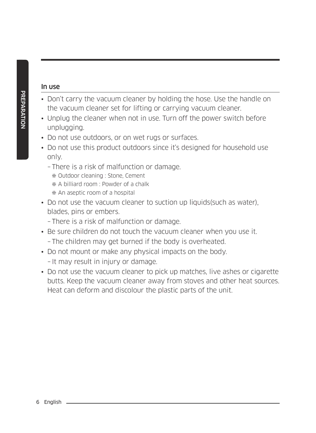 Samsung VC07M2110SR/GE, VC07M2110SB/GE, VC07M21A0V1/GE, VC07M21A0VN/GE, VC07M21A0VG/GE manual Preparation 