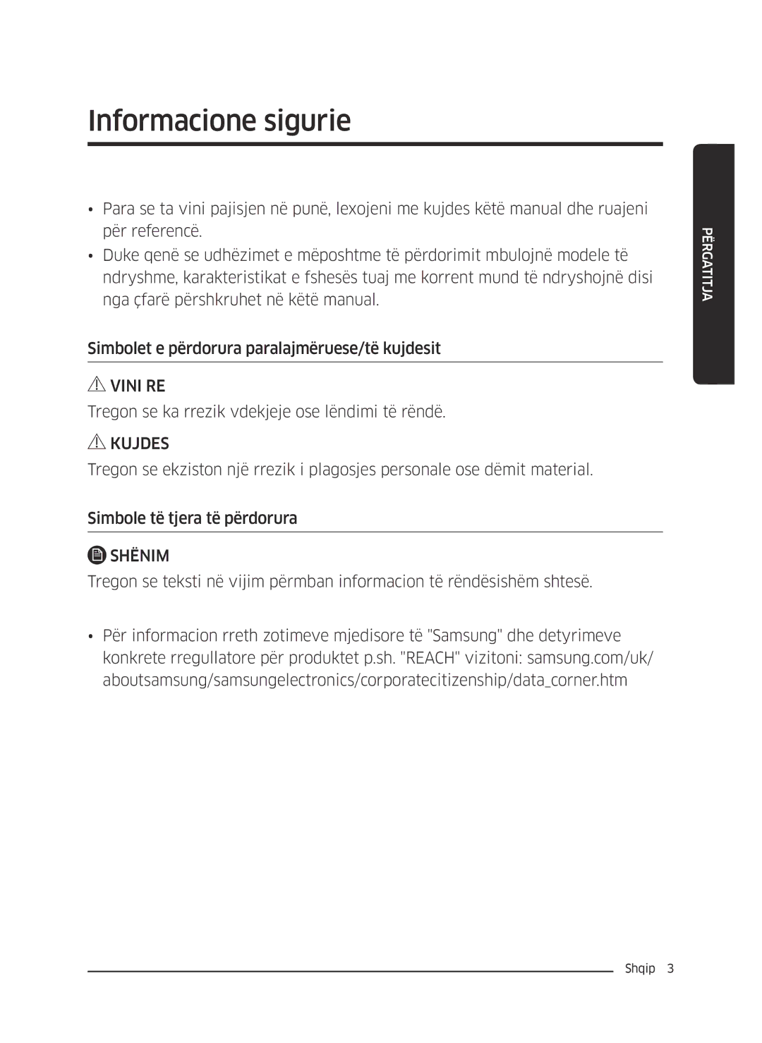 Samsung VC07M21A0VN/GE, VC07M2110SB/GE manual Informacione sigurie, Tregon se ka rrezik vdekjeje ose lëndimi të rëndë 