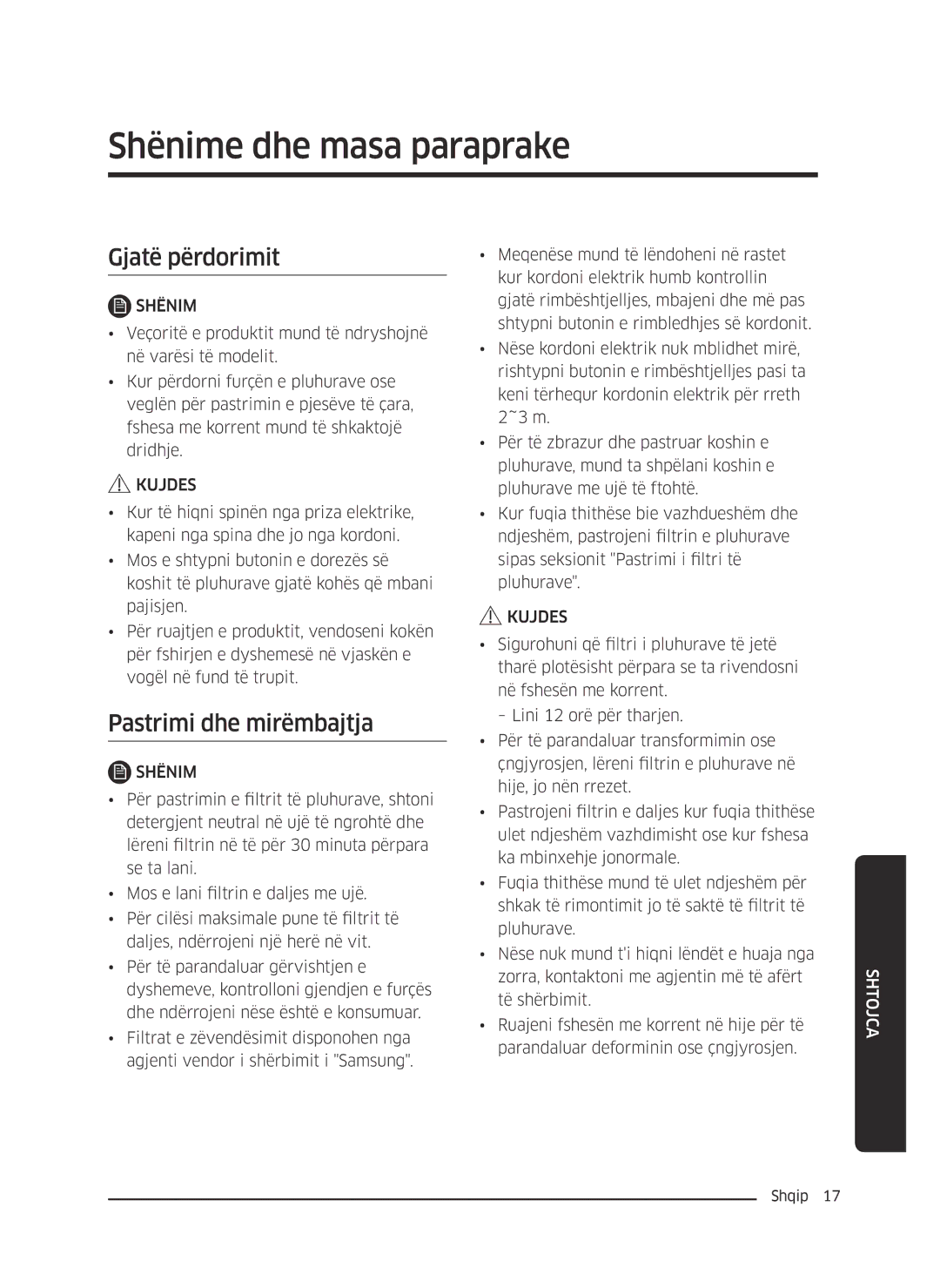 Samsung VC07M21A0V1/GE, VC07M2110SB/GE manual Shënime dhe masa paraprake, Gjatë përdorimit, Pastrimi dhe mirëmbajtja 