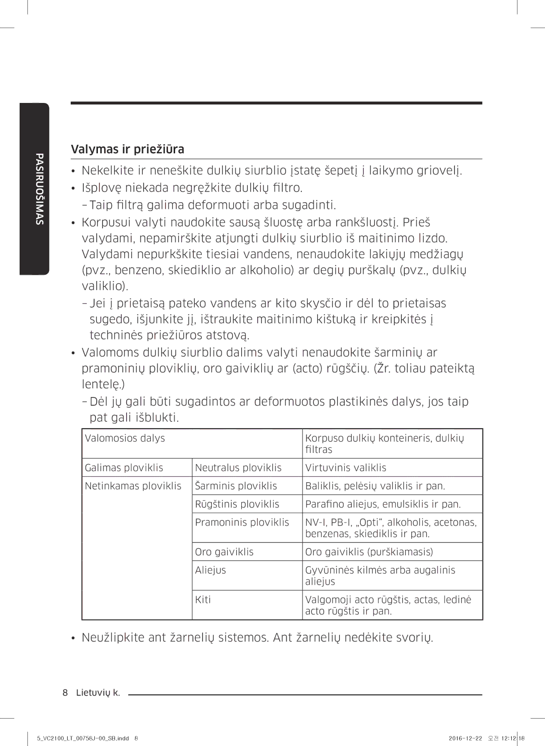 Samsung VC07M2110SR/SB, VC07M2110SP/SB, VC07M2110SB/SB, VC07M21A0VN/SB, VC07M21A0VG/SB manual Pasiruošimas 