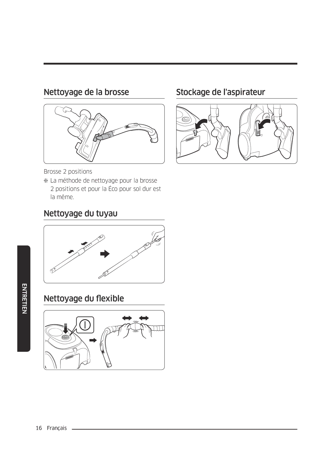 Samsung VC07M2110S2/EF manual Nettoyage de la brosse Stockage de laspirateur, Nettoyage du tuyau Nettoyage du flexible 