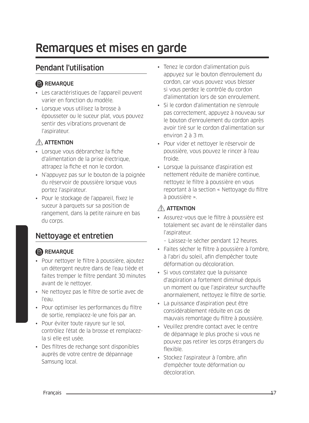 Samsung VC07M21A0VG/EF, VC07M2110SR/EF manual Remarques et mises en garde, Pendant lutilisation, Nettoyage et entretien 