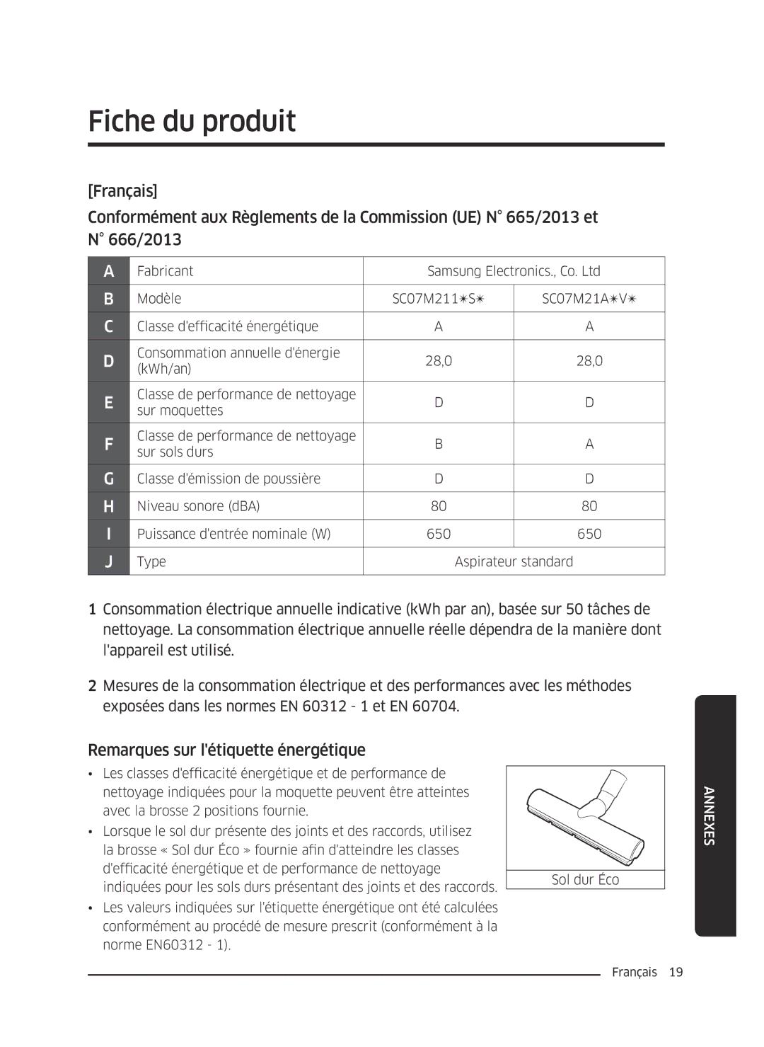 Samsung VC07M2110S2/EF, VC07M2110SR/EF, VC07M21A0VG/EF manual Fiche du produit, Remarques sur létiquette énergétique 