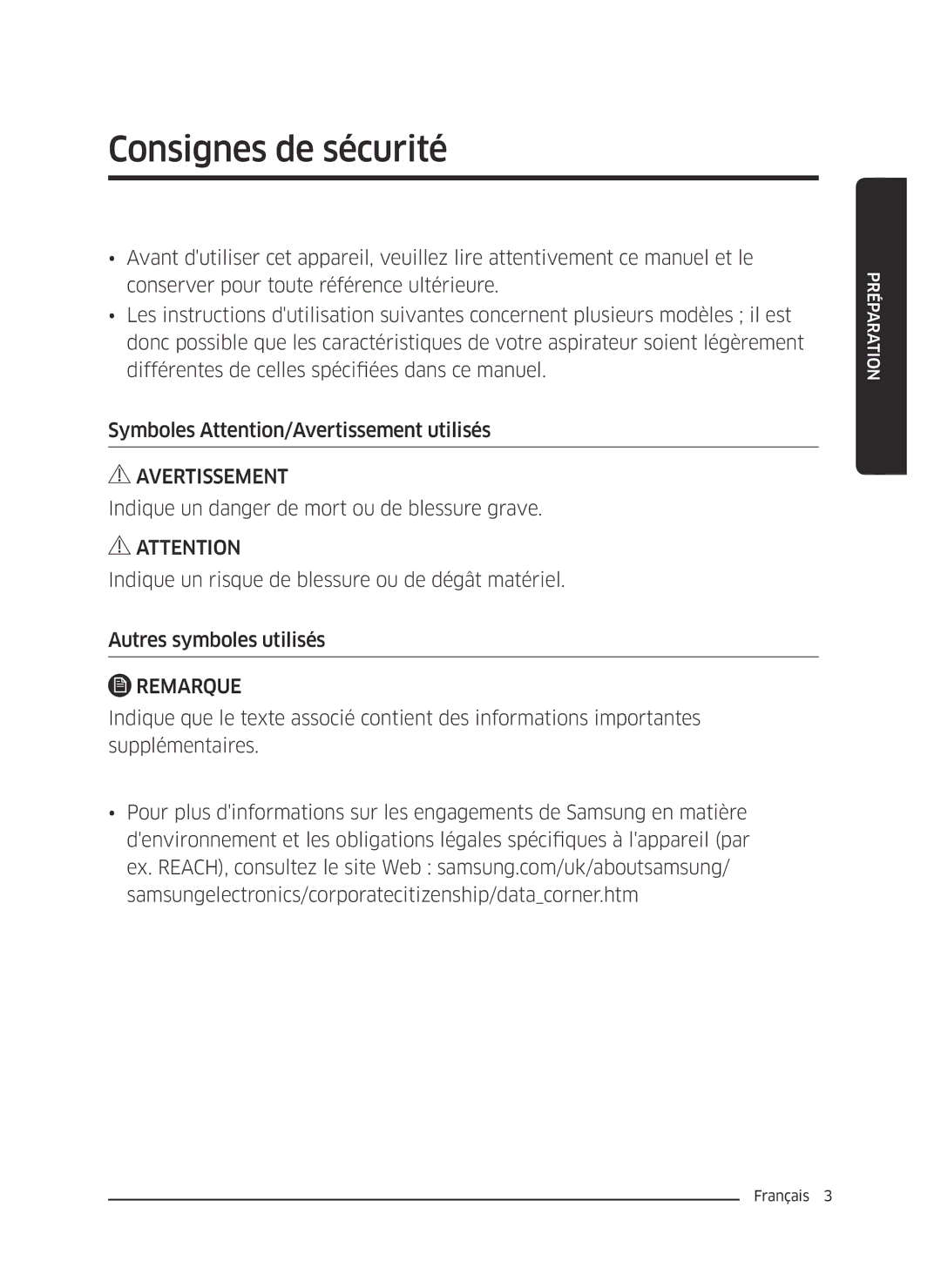 Samsung VC07M2110SR/EF, VC07M2110S2/EF, VC07M21A0VG/EF manual Consignes de sécurité, Avertissement 