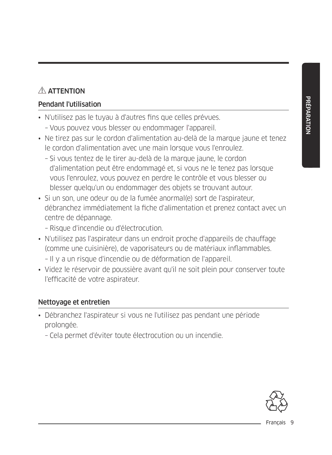 Samsung VC07M2110SR/EF, VC07M2110S2/EF, VC07M21A0VG/EF manual Préparation 