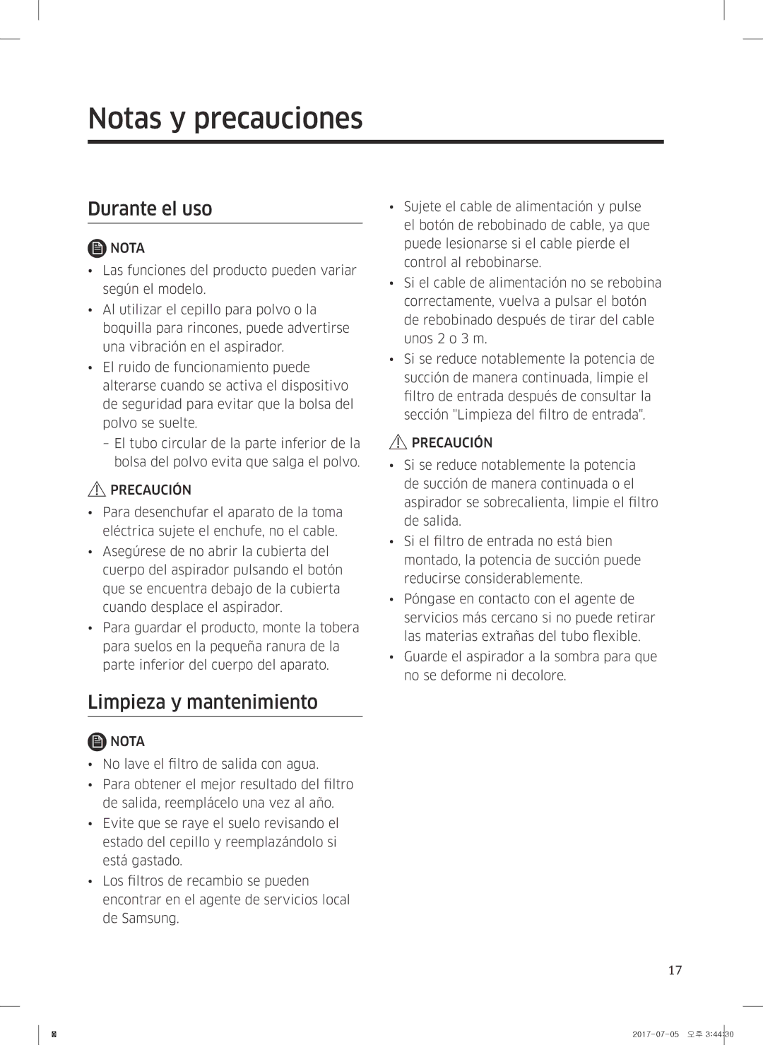 Samsung VC07M25E0WB/ET manual Notas y precauciones, Durante el uso, Limpieza y mantenimiento 